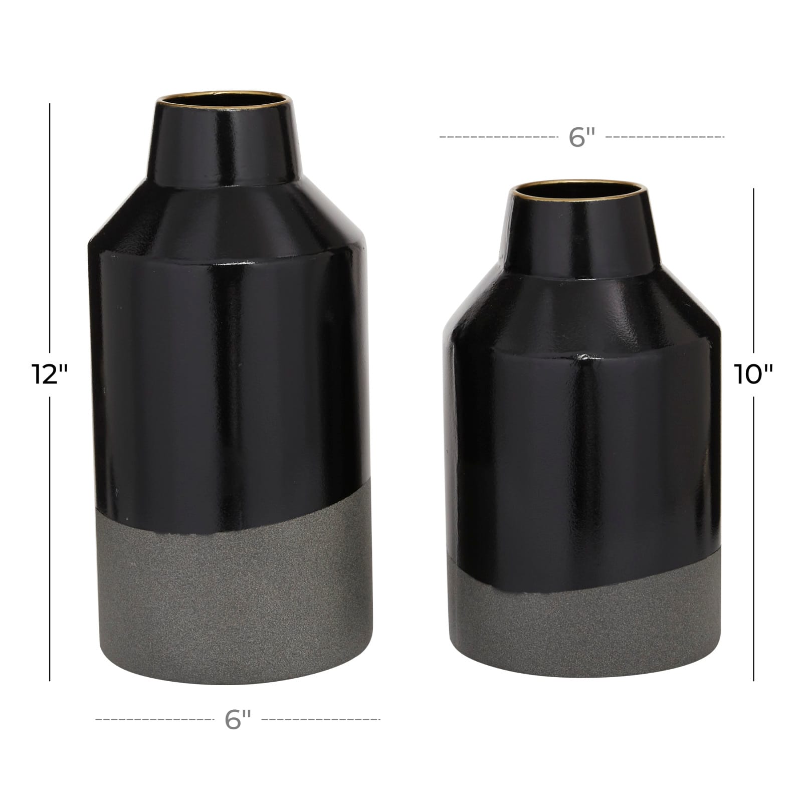 Set of 2 Black Metal Contemporary Vase, 10", 12"