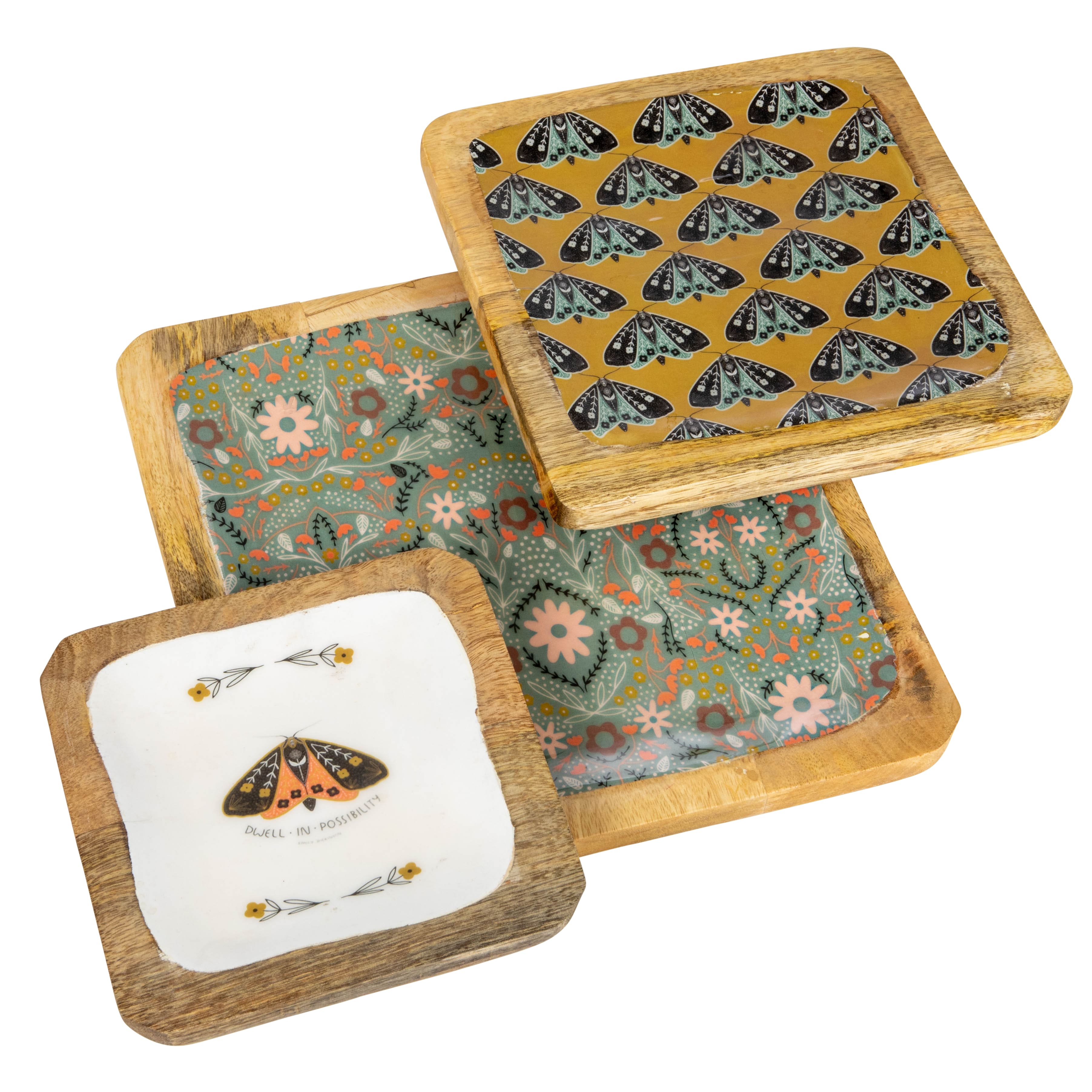 Hello Honey® Multicolor Moths & Florals Enameled Wood Trays, 3ct.