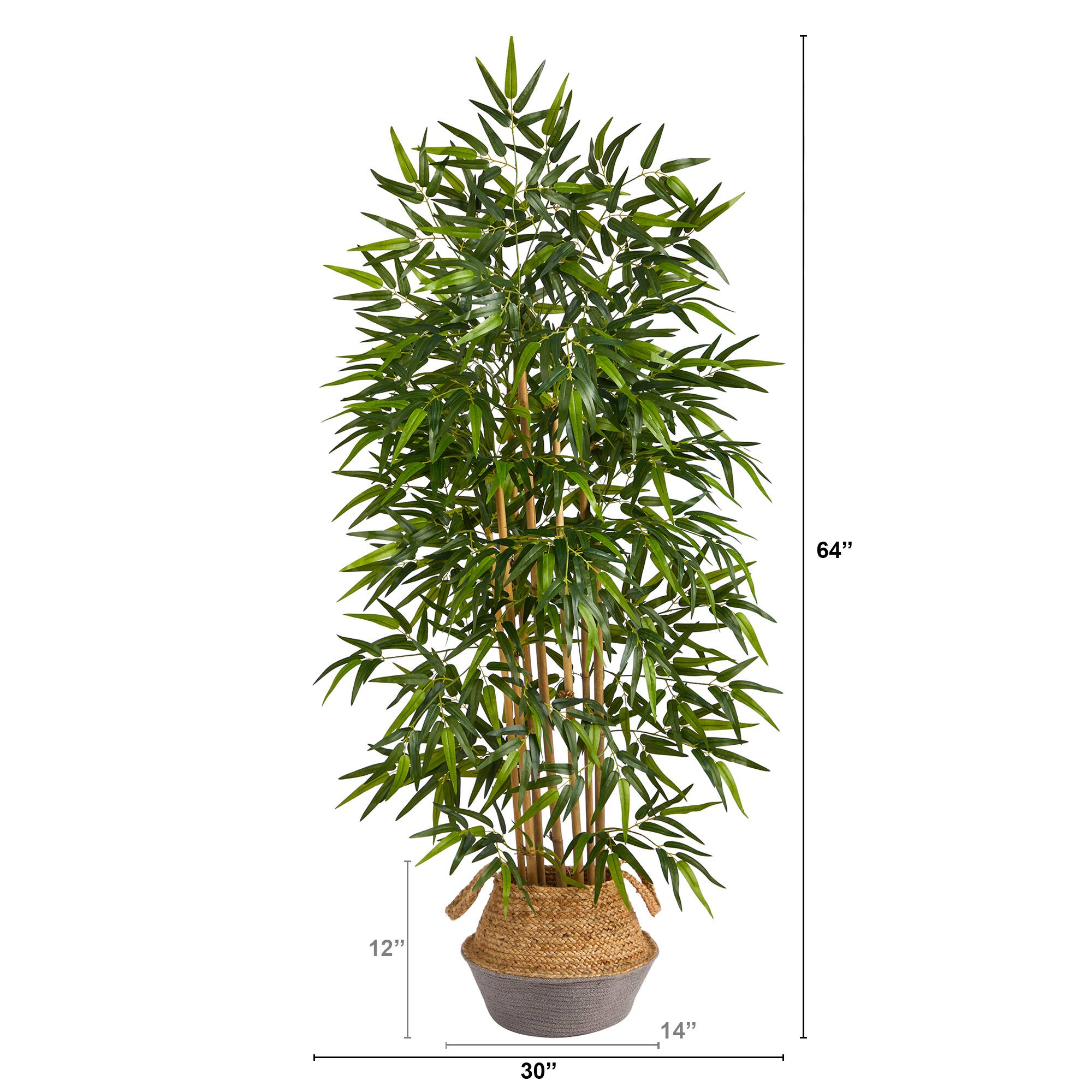 64" Bamboo Artificial Tree Natural Bamboo Trunks in Boho Chic Handmade Cotton & Jute Gray Woven Planter