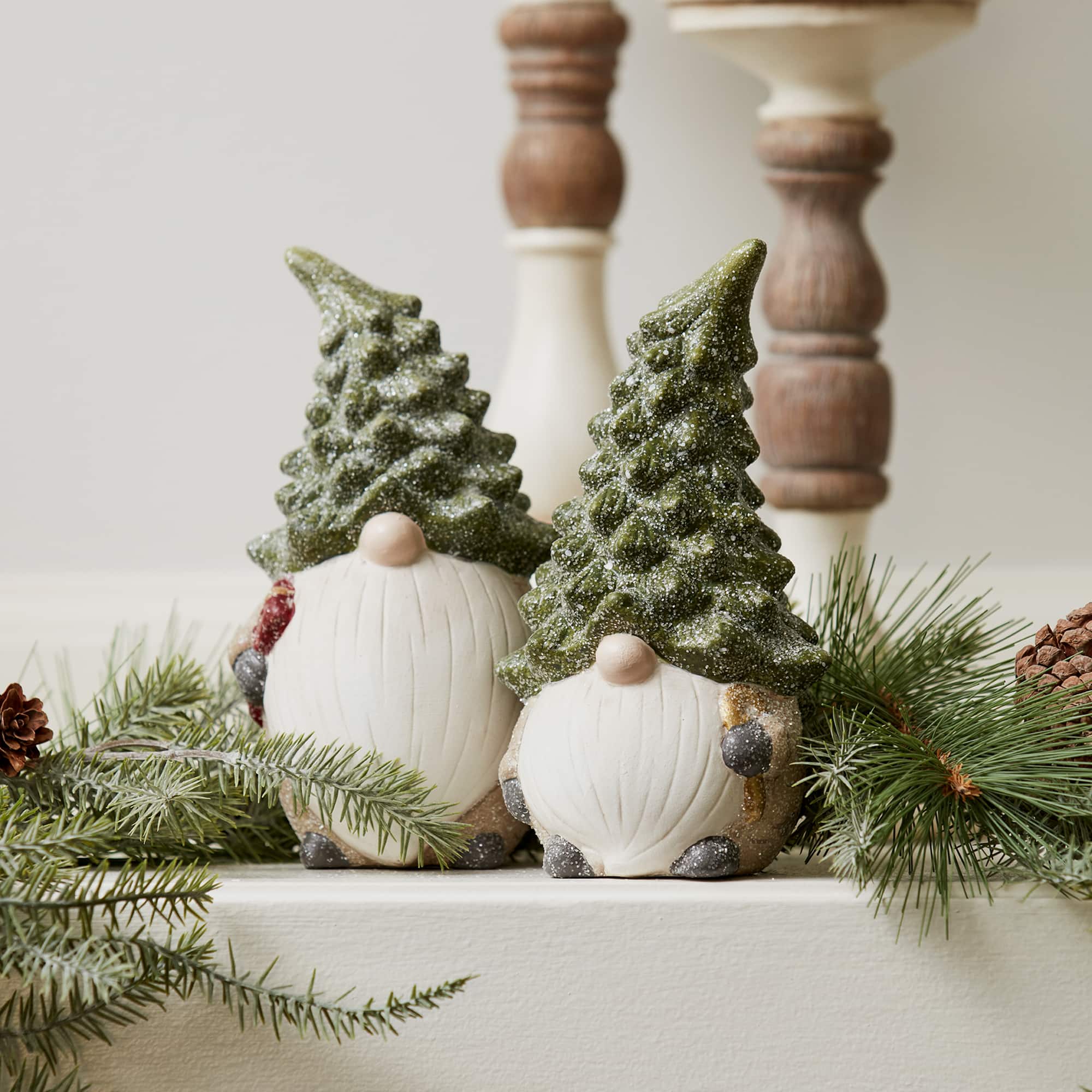7" Holiday Gnome with Tree Hat Terra Cotta Figurine Set