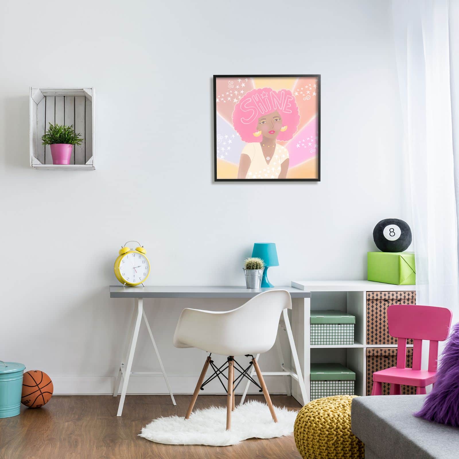 Stupell Industries Playful Shine Phrase Girl with Afro Rainbow Stars Framed Wall Art
