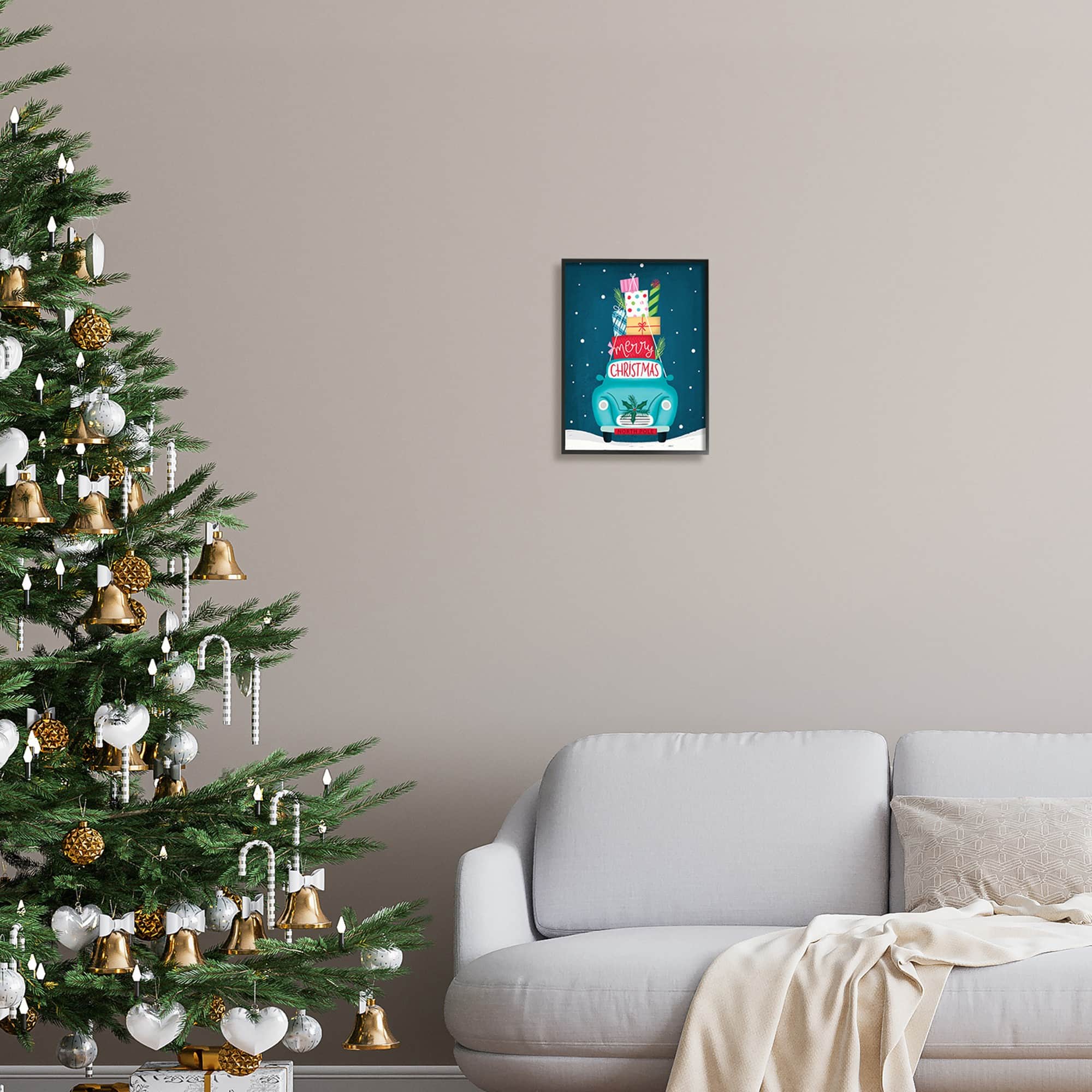 Stupell Industries Merry Christmas Stacked Gifts Car Framed Giclee Art