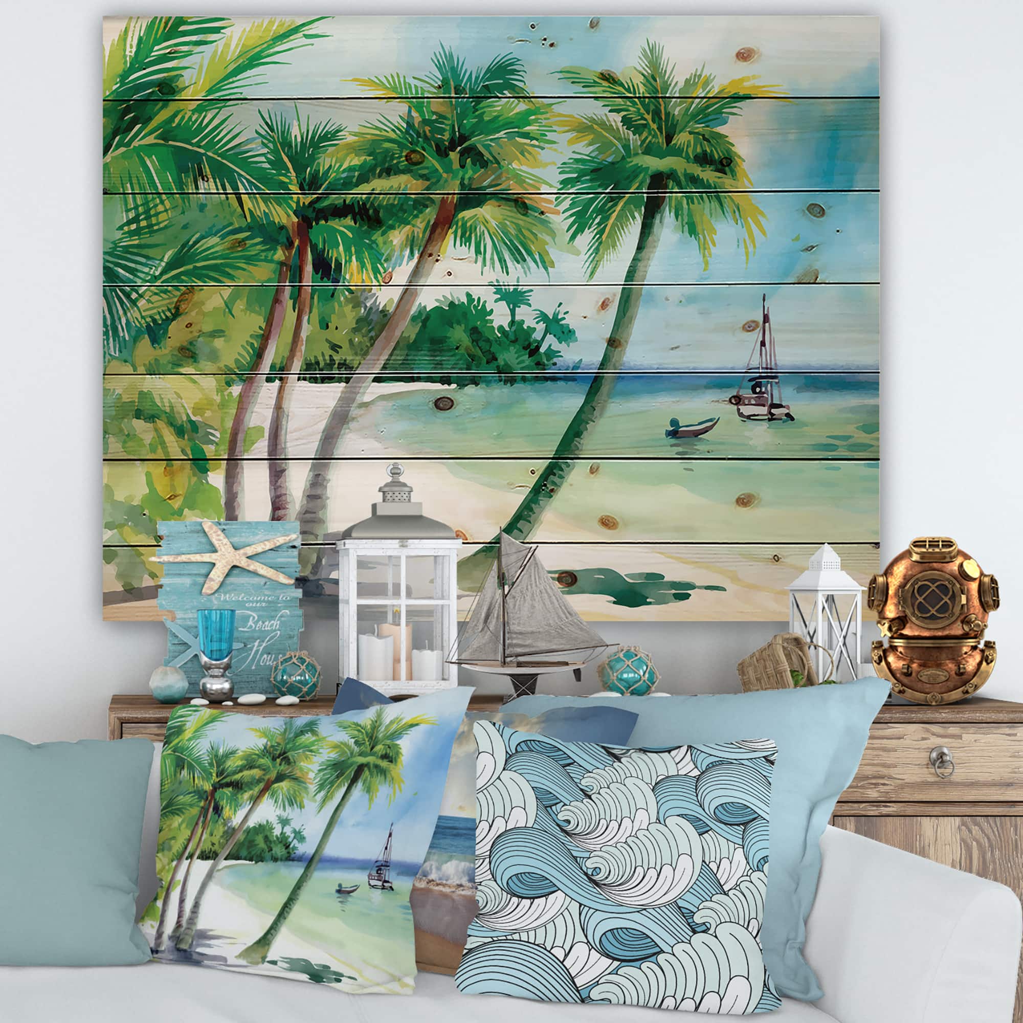 Designart - Summer Beach With Palm Trees - Nautical & Coastal Print on Natural Pine Wood