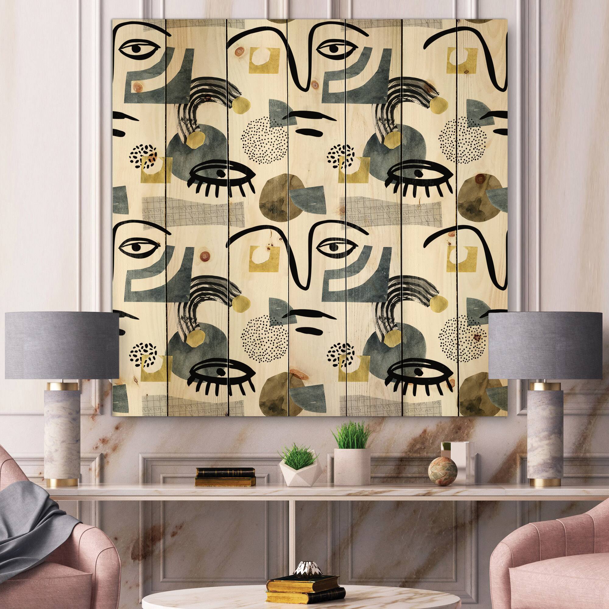Designart - Collage of Eyes & Doodles In Contemporary Style I - Modern Print on Natural Pine Wood
