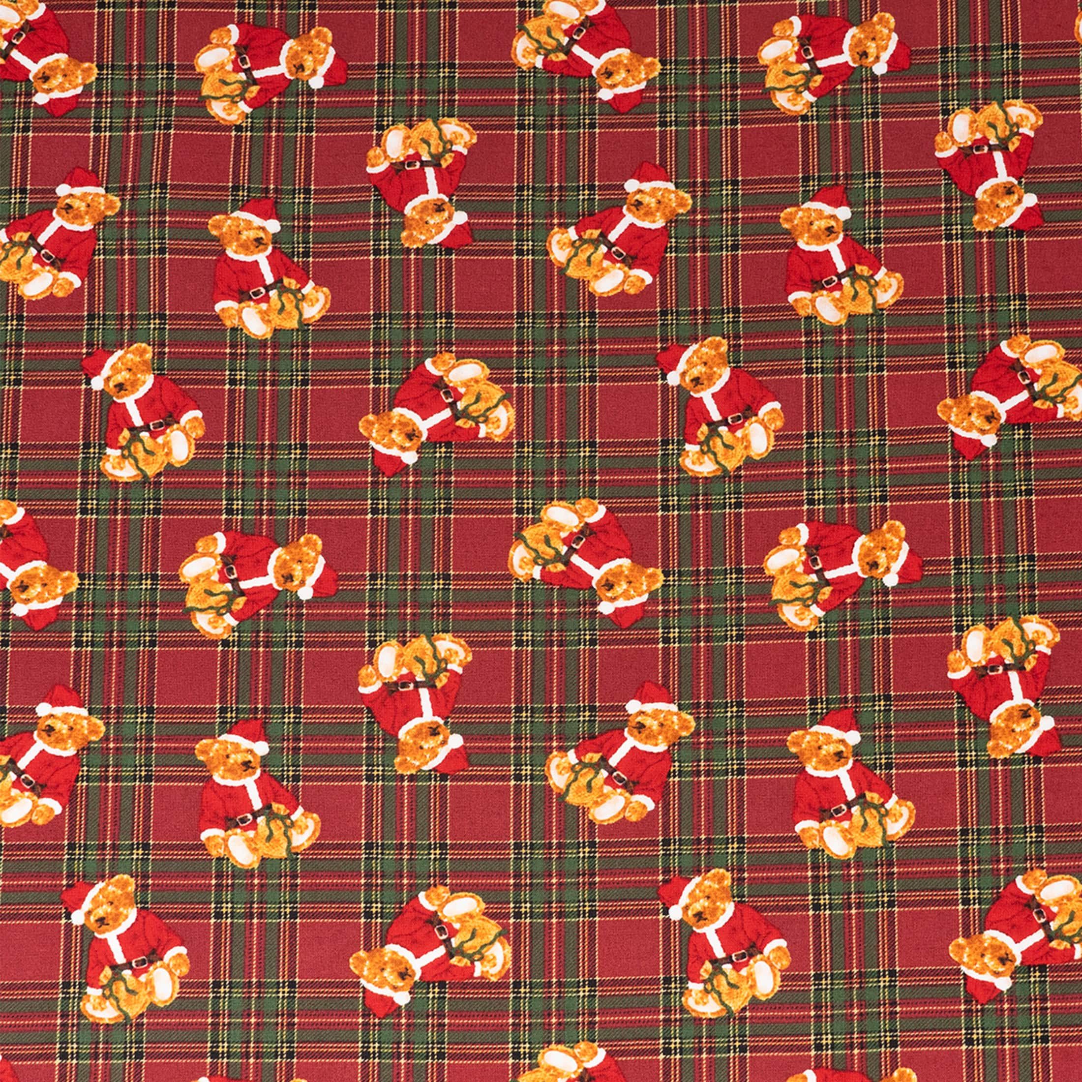 SINGER Santa Teddy Bears on Plaid Print Cotton Fabric