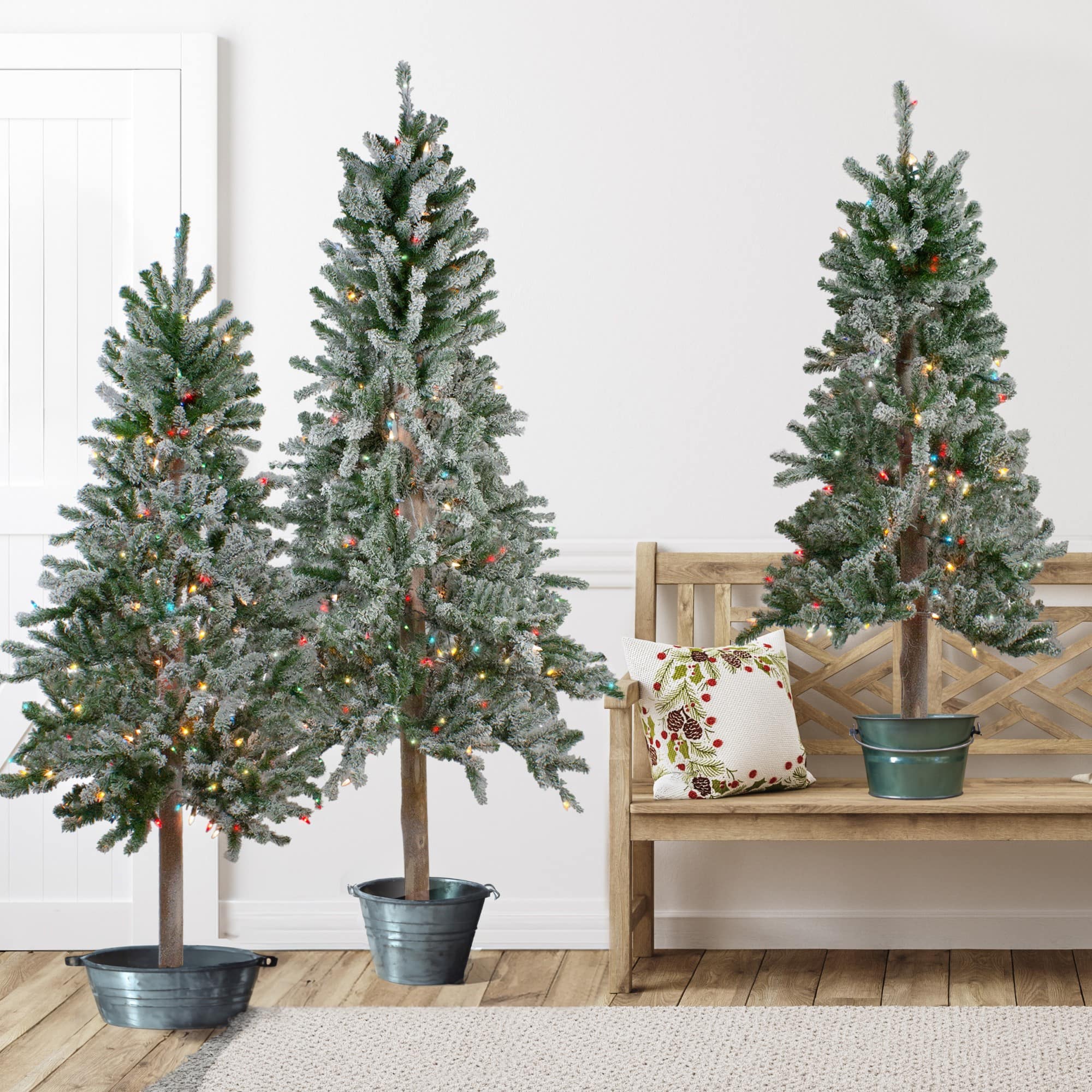 Pre-Lit Slim Flocked Alpine Artificial Christmas Trees Set
