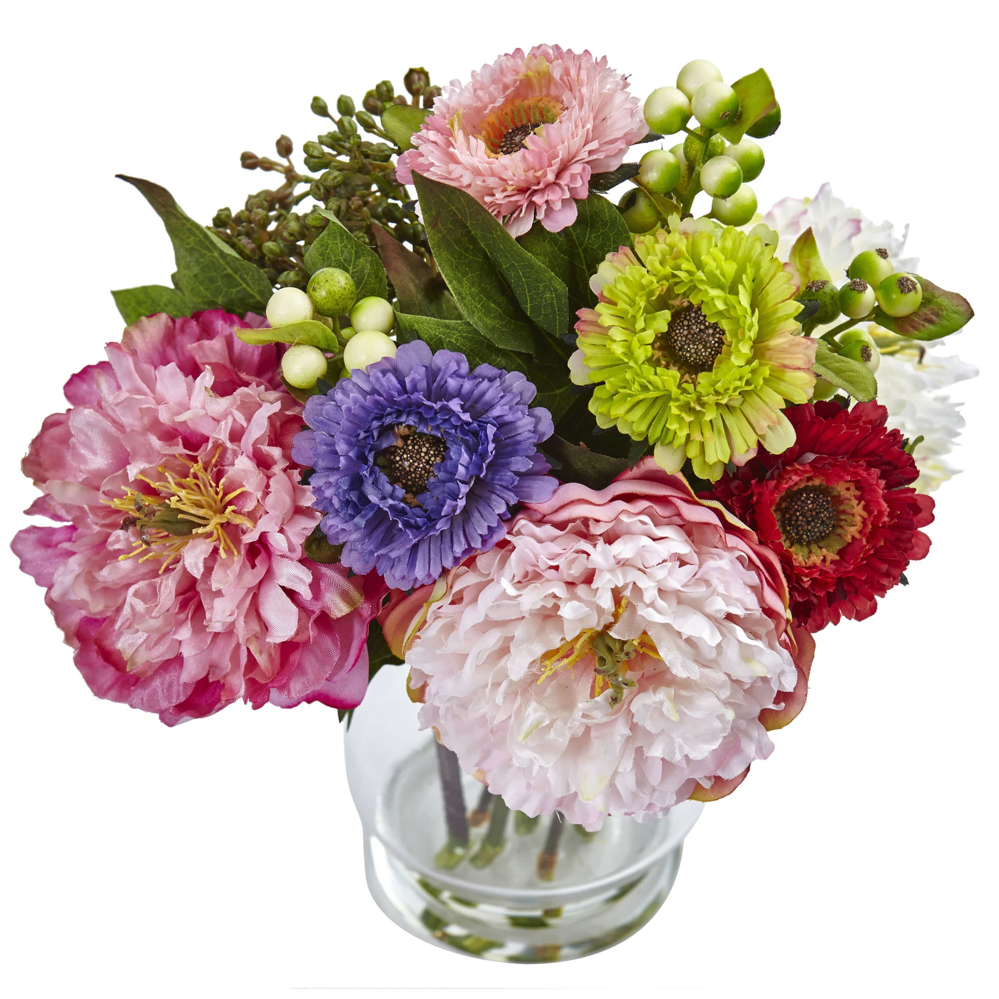 10.5" Peony & Mum Arrangement in Glass Vase