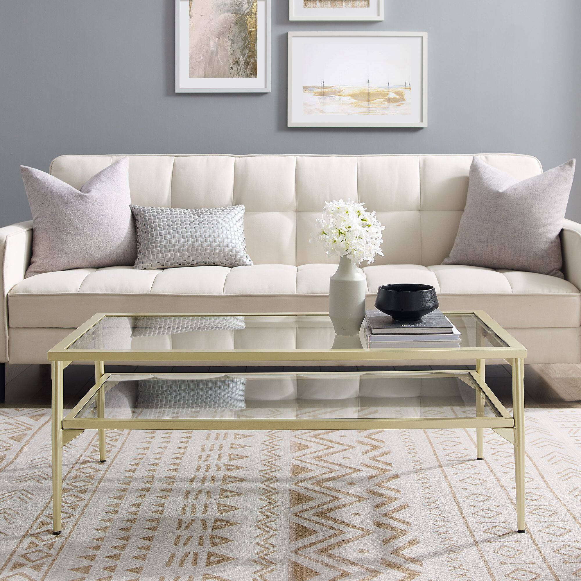 42" Gold Two Tier Glass and Metal Coffee Table
