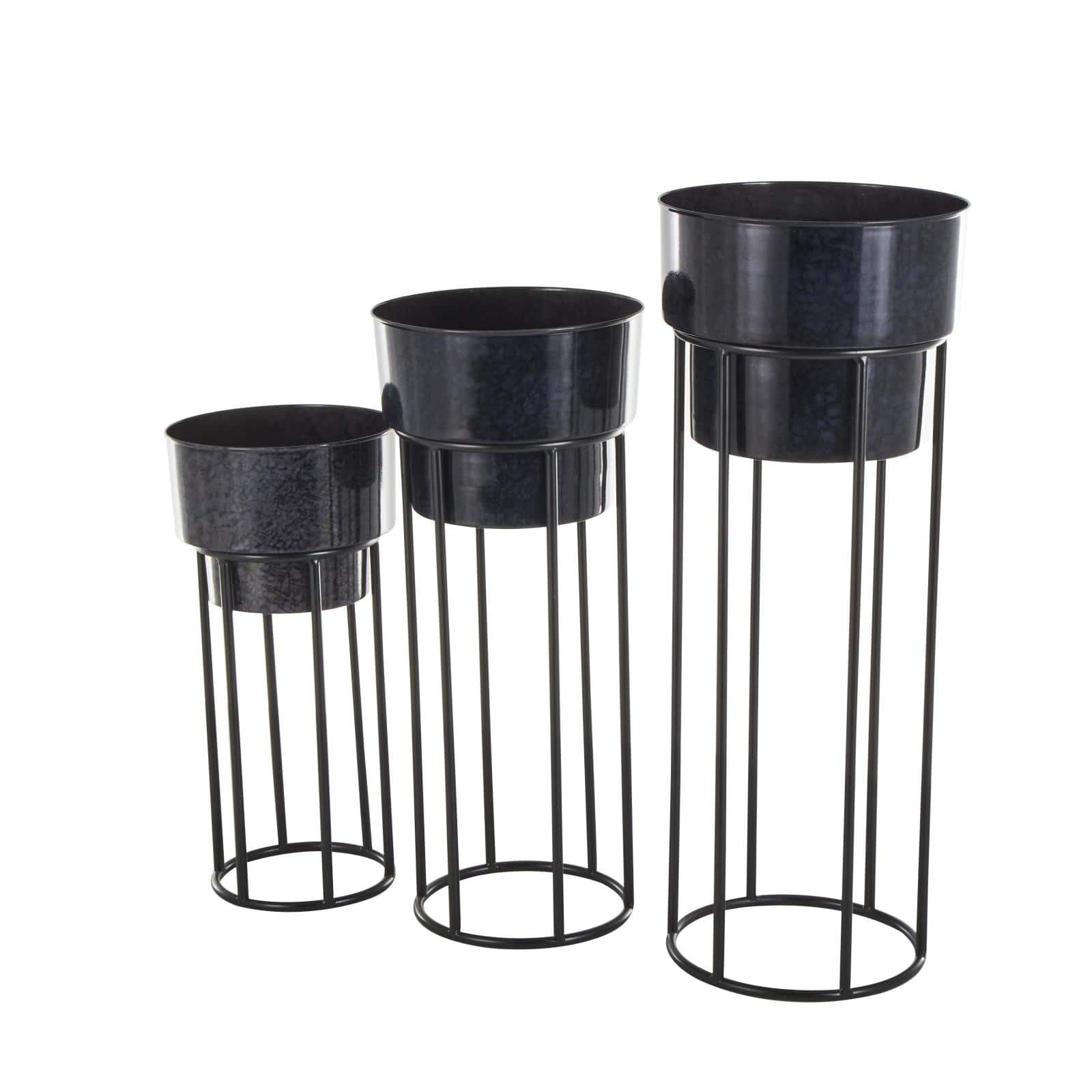 Black Metal Wash Textured Planter with Open Framed Black Caged Base Set