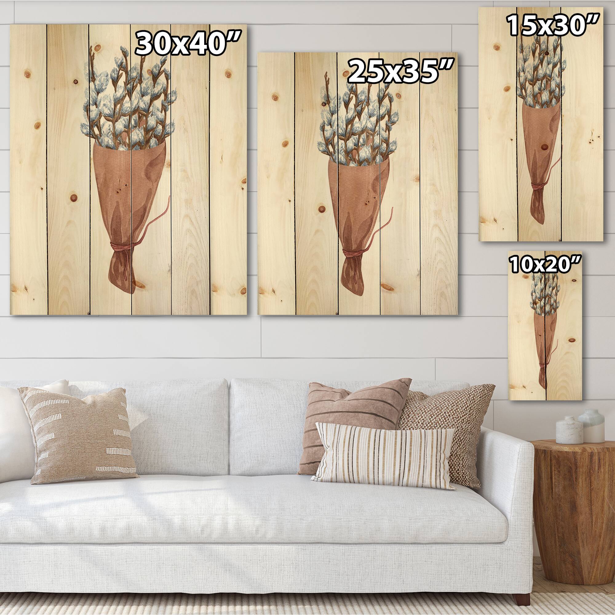 Designart - Bunch of Pussy Willow Twigs I - Farmhouse Print on Natural Pine Wood