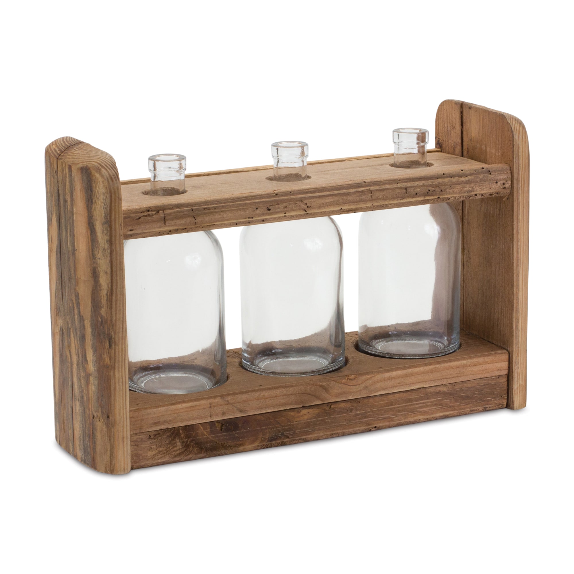 15" Triple Bottle Vases in Wood Stand