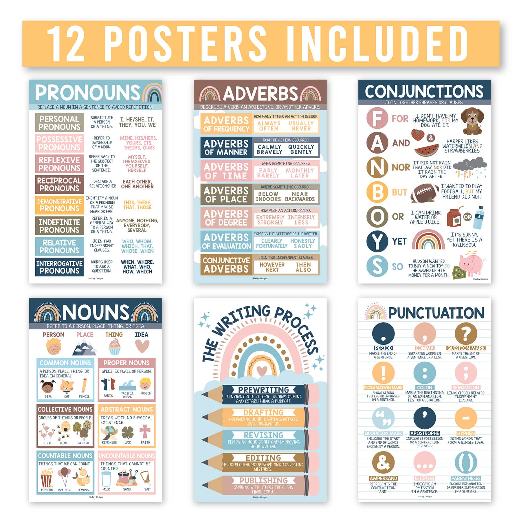 Hadley Designs 11" x 17" Boho Parts of Speech Language Arts and Grammar Laminated Posters Set
