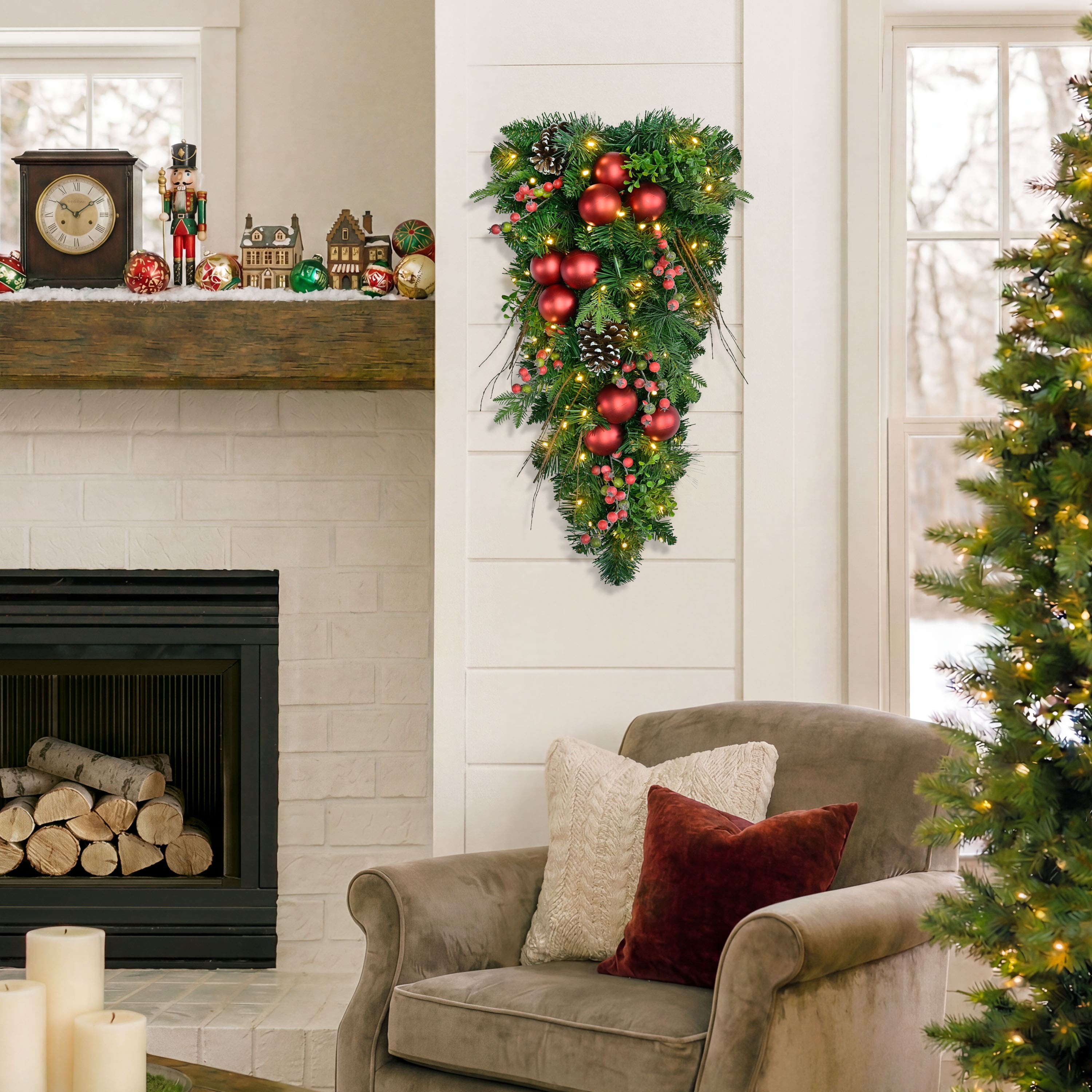 Puleo International 28" Pre-Lit Ornaments, Pinecones & Red Berries Artificial Teardrop Swag