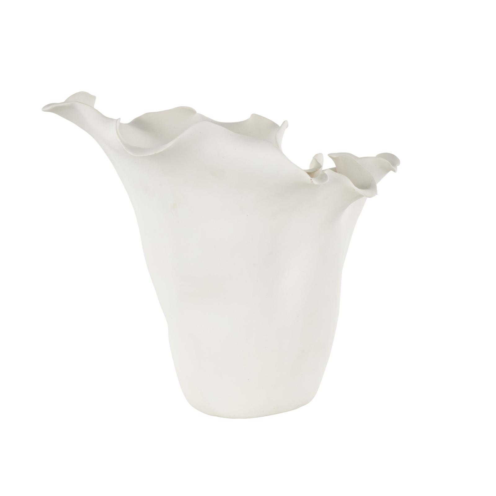 10.5" White Ceramic Abstract Floral Vase with Wavy Folded Rim