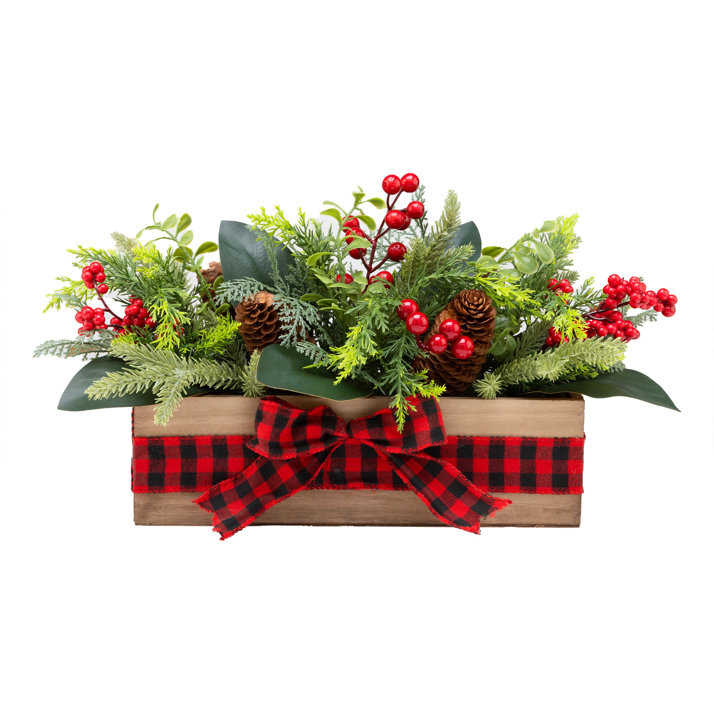 17" Christmas Classic Cypress, Pinecone & Berry Centerpiece in Wood Planter with Red Buffalo Check Bow