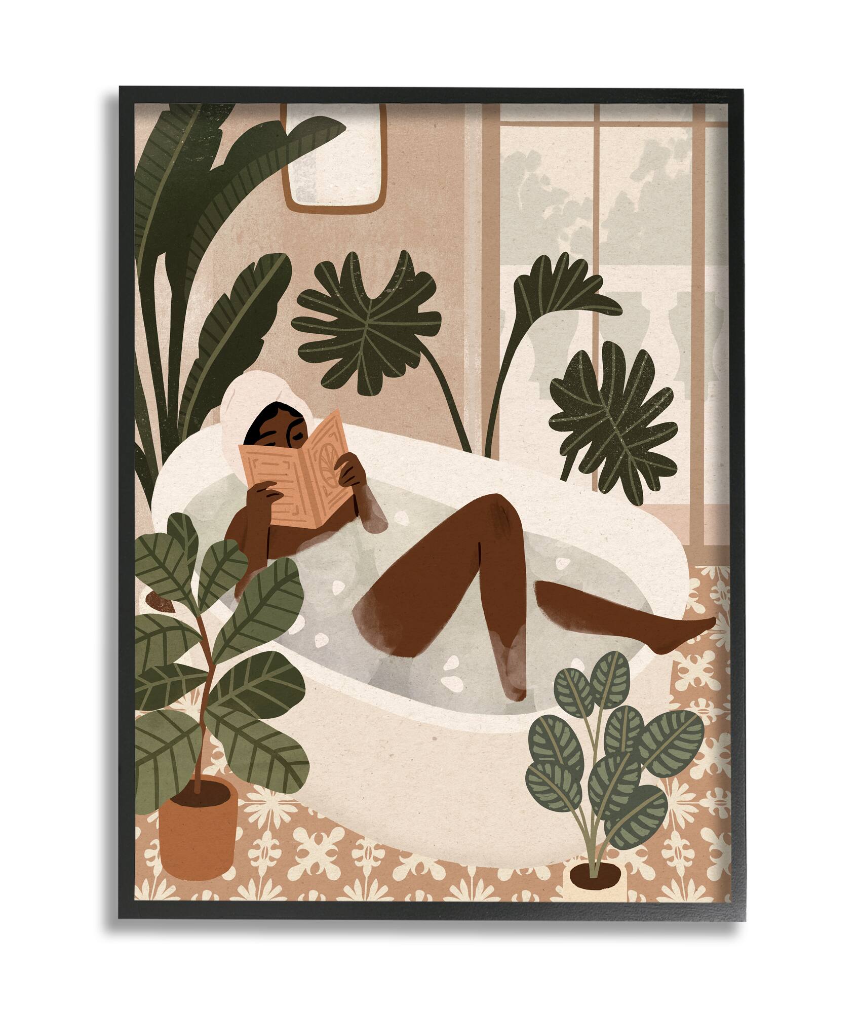 Stupell Industries Female Reading in Bath Tropical Palm Plants in Black Frame Wall Art