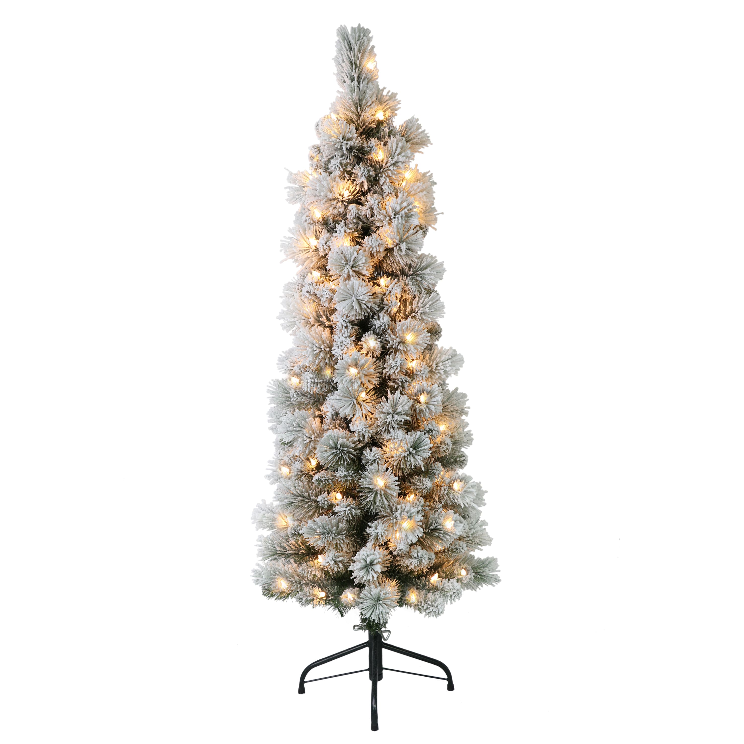 4.5ft. Pre-Lit Flocked Portland Pine Pencil Artificial Christmas Tree, Clear Lights