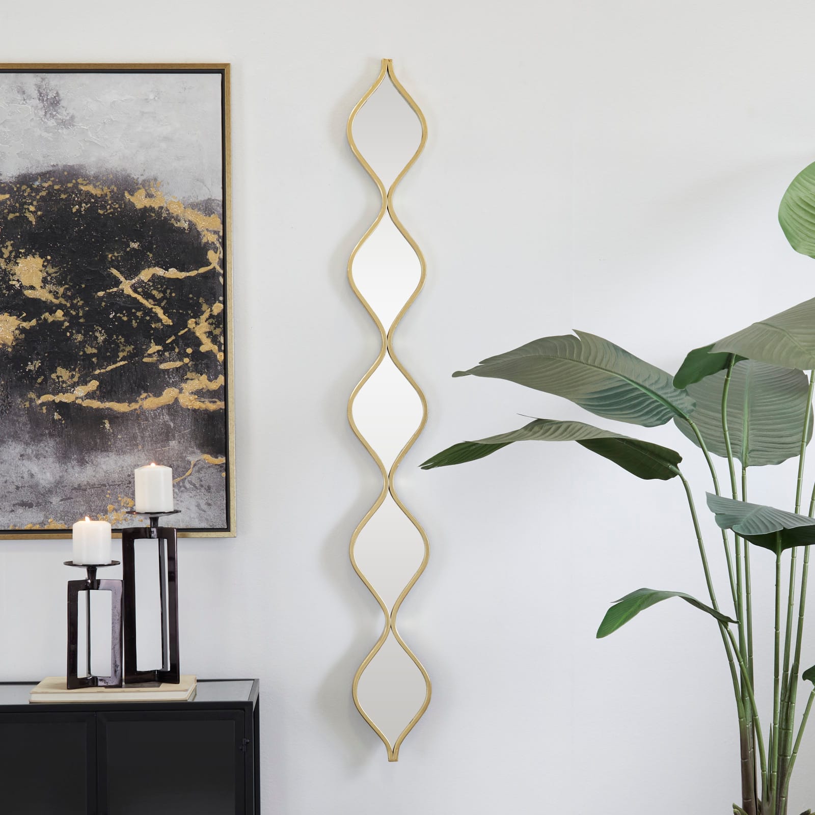 Gold Metal Slim Stacked Chain 5 Layer Wall Mirror with Tear Drop Pattern 7" x 1" x 59"