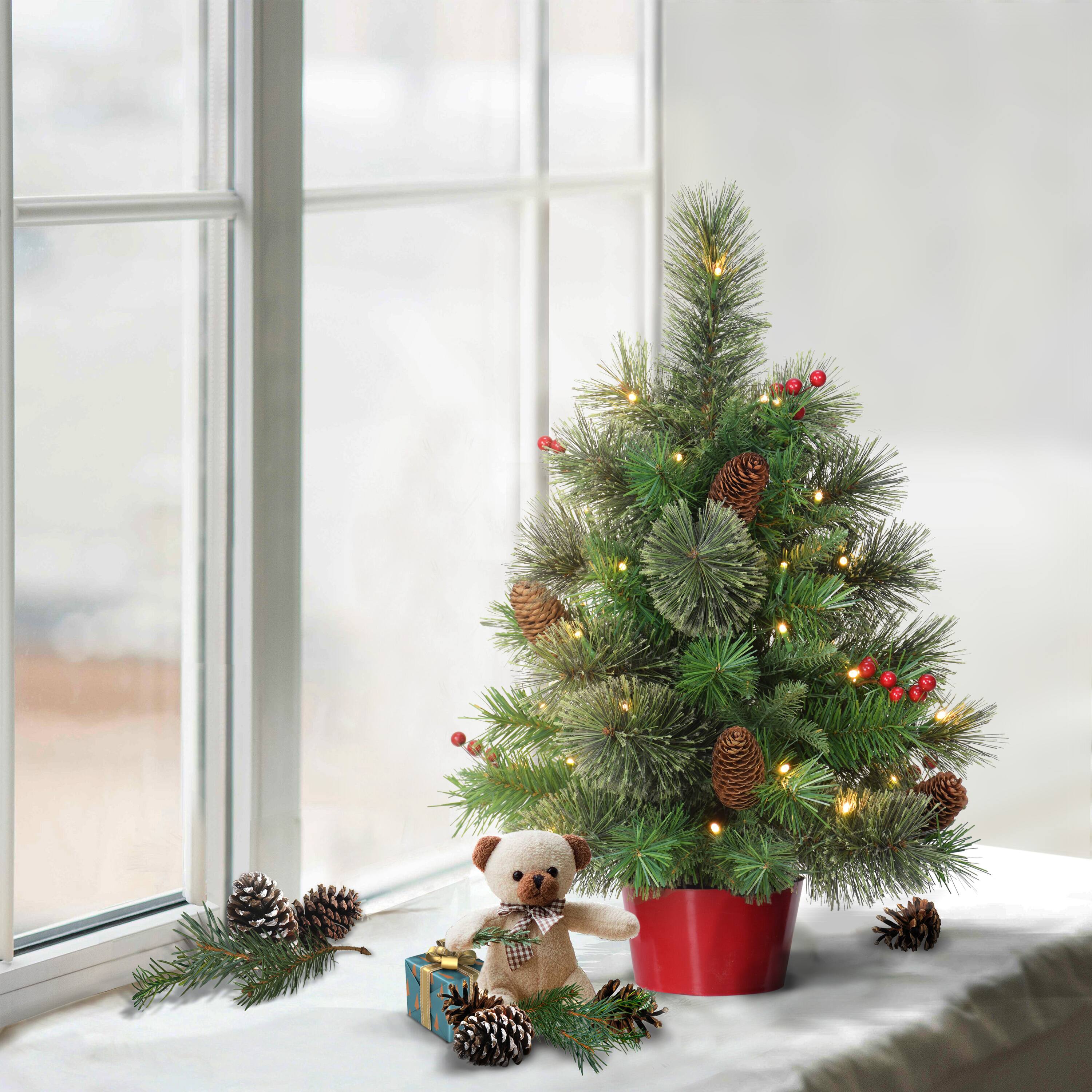 6 Pack: 2ft. Pre-Lit Artificial Christmas Tree in Red Base, Warm White LED Lights