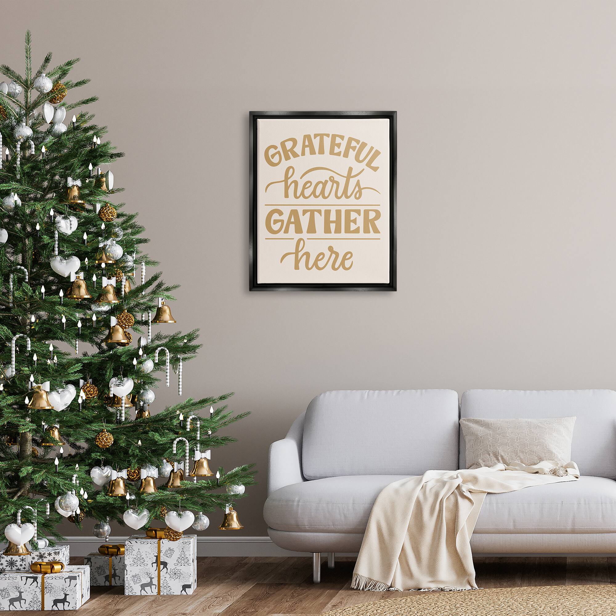 Stupell Industries Grateful Hearts Gather Here Phrase Framed Floater Canvas Wall Art