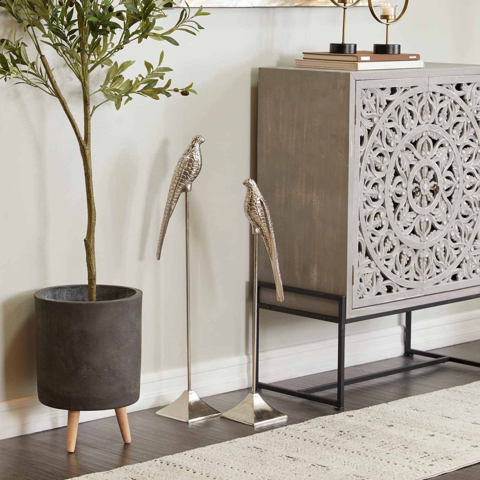 Silver Aluminum Eclectic Bird Sculpture, Set of 2" 34", 29"