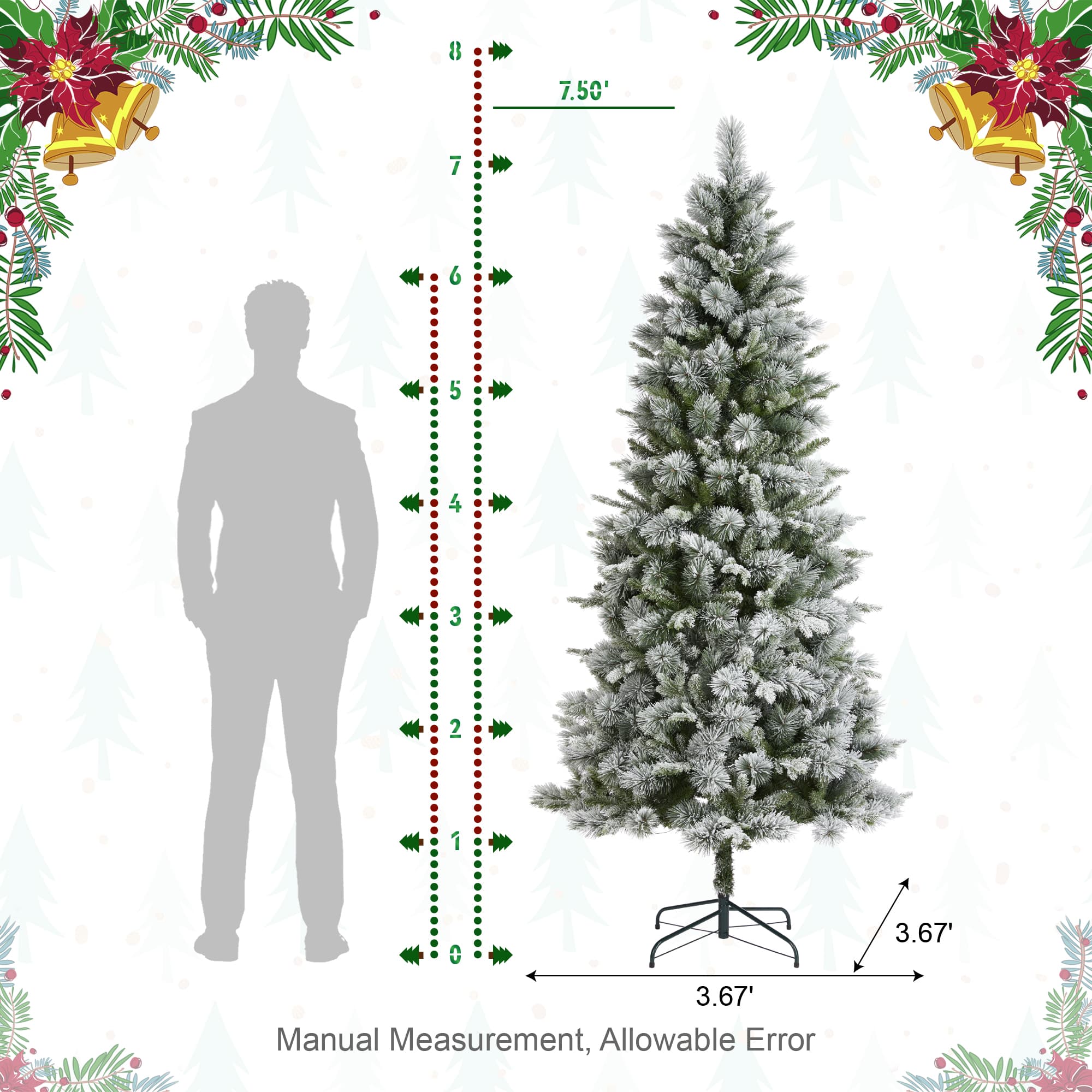 Glitzhome® 7.5ft Pre-Lit Flocked Slim Pine Artificial Christmas Tree, Warm White LED Lights
