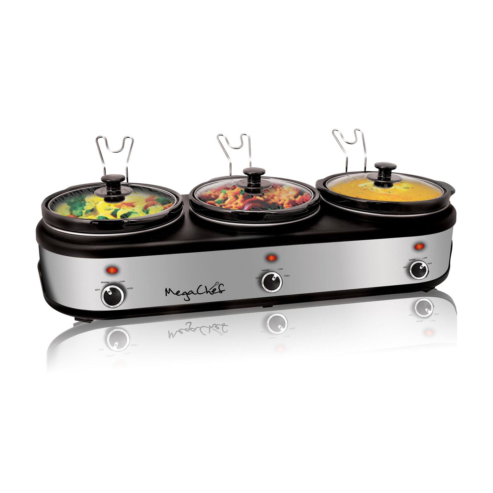 MegaChef Brushed Silver & Black Finish Triple 2.5qt. Slow Cooker & Buffet Server With 3 Ceramic Cooking Pots & Removable Lid Rests