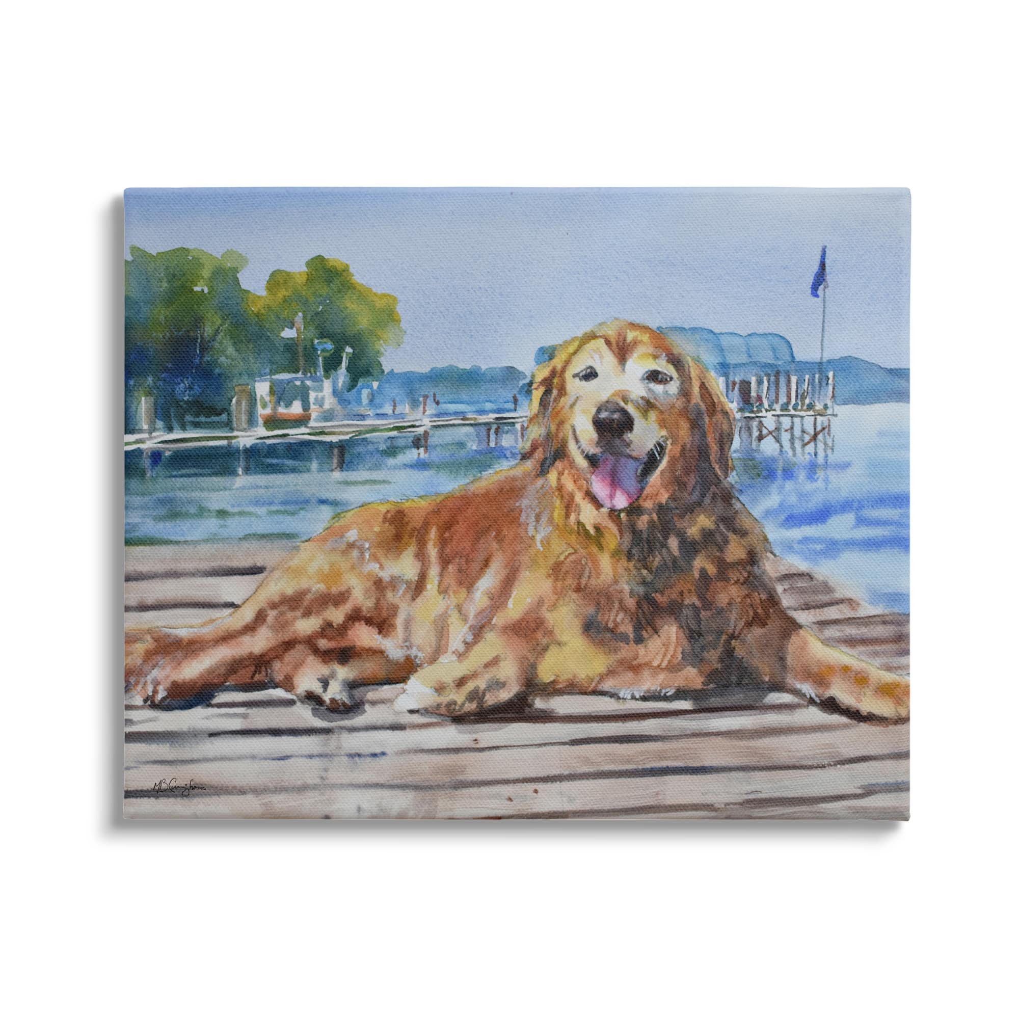 Stupell Industries Coastal Golden Retriever Relaxing Dock Canvas Wall Art in Blue | 24" x 30" | Michaels&reg;