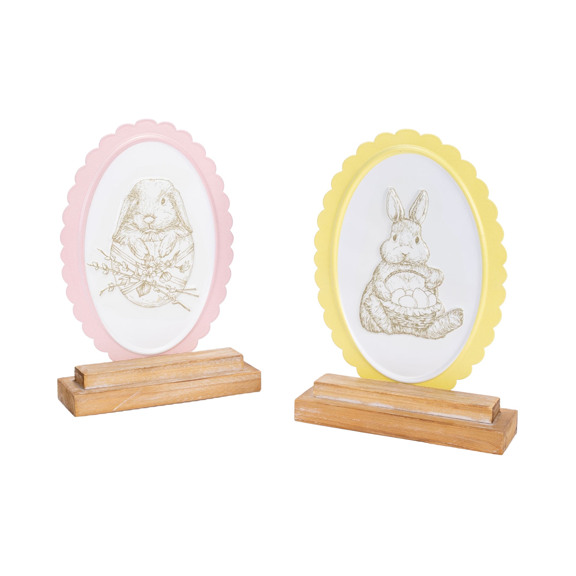59205DS 8.5 in. Bunny Embossed Tabletop Decor - Fir Wood & Iron Decorative Figurines, Yellow, Pink & Beige - Set of 2