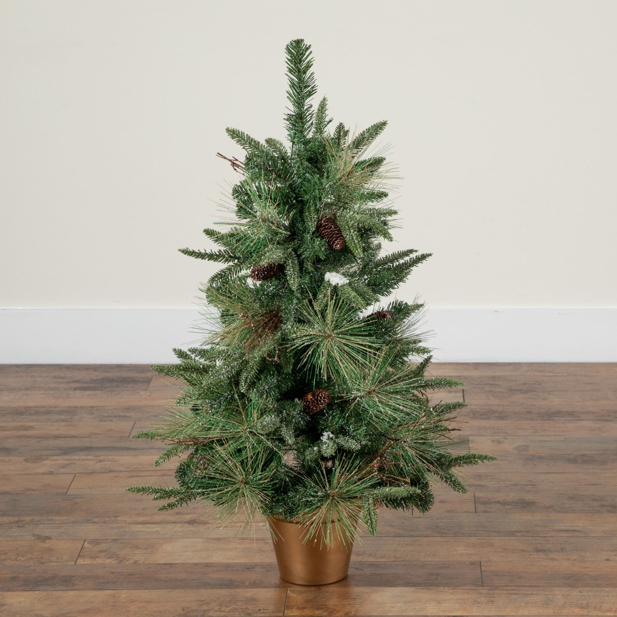Nearly Natural 3ft. Pre-Lit Artificial Snowed Mixed Pine & Pinecone Christmas Tree in Gold Decorative Planter, Warm White LED lights