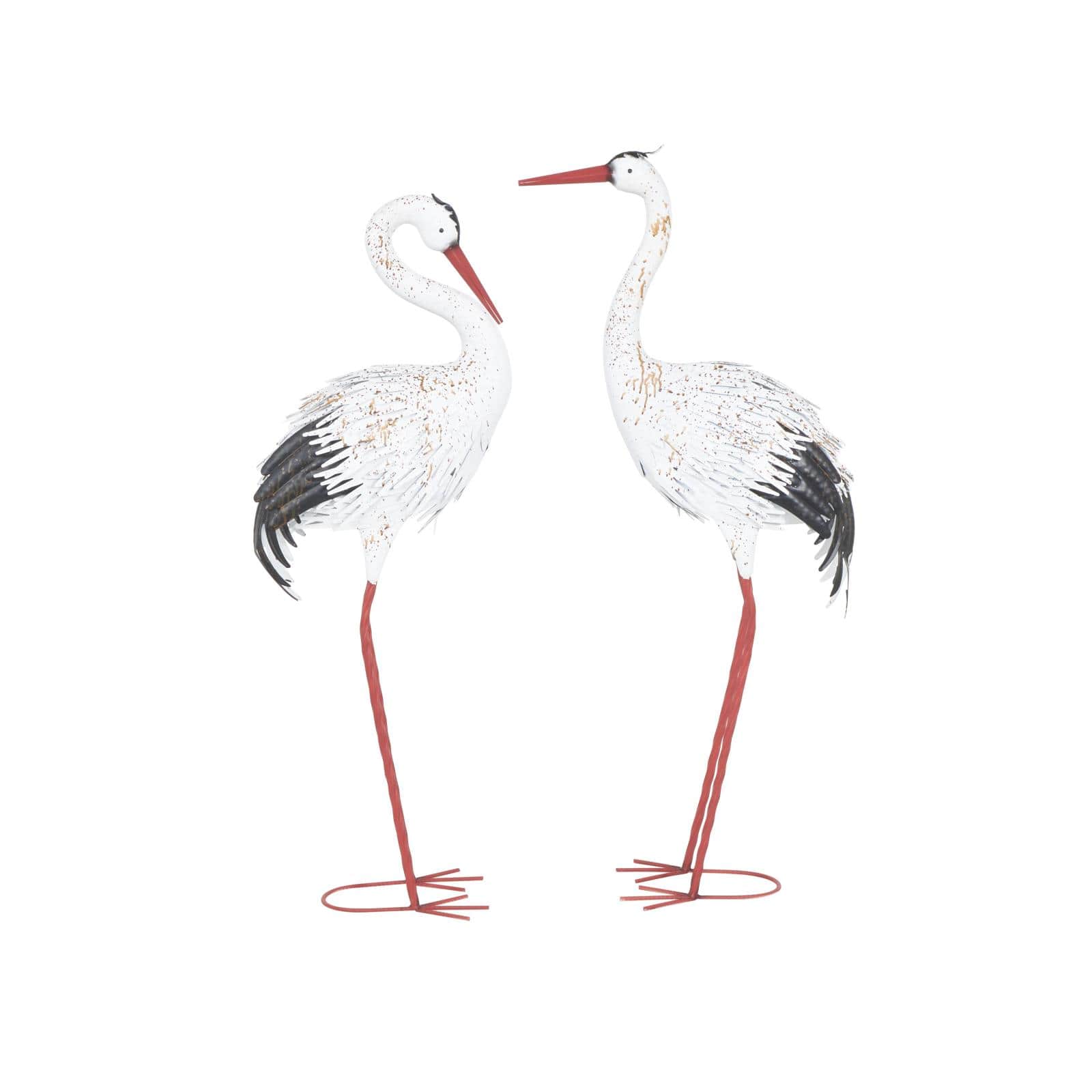 Tall White Textured Metal Crane Garden Sculpture Set