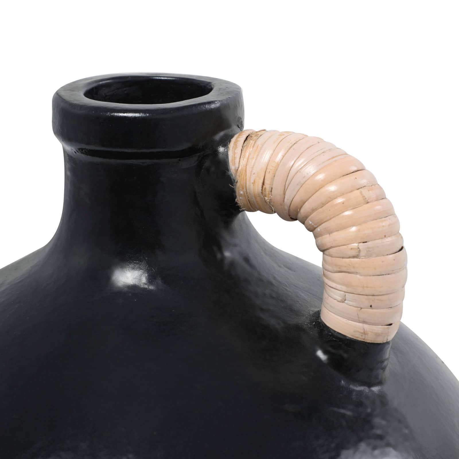13" Black Ceramic Jug Inspired Vase with Rattan Wrapped Handle