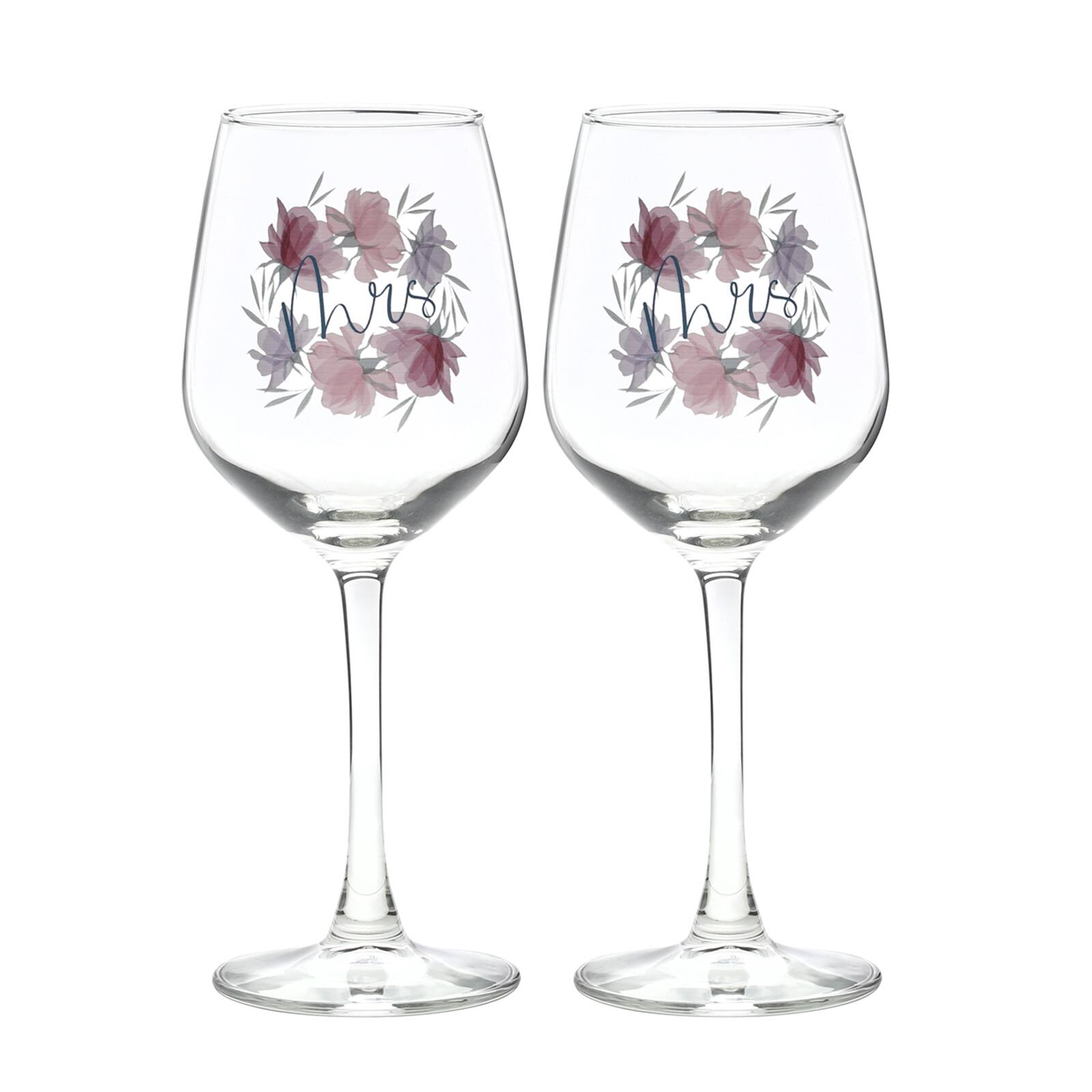 12oz. Mrs. & Mrs. Floral Wine Glass Set