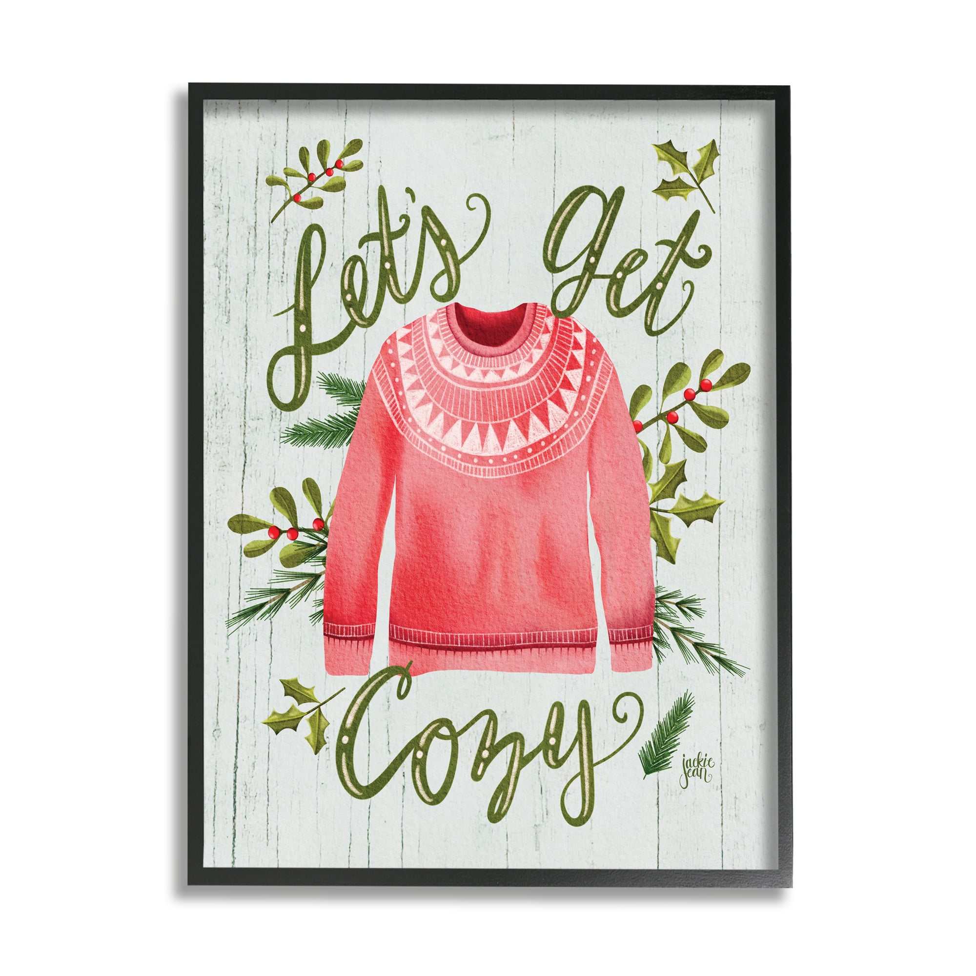 Stupell Industries Let's Get Cozy Holly Plants Pink Winter Sweater in Frame Wall Art