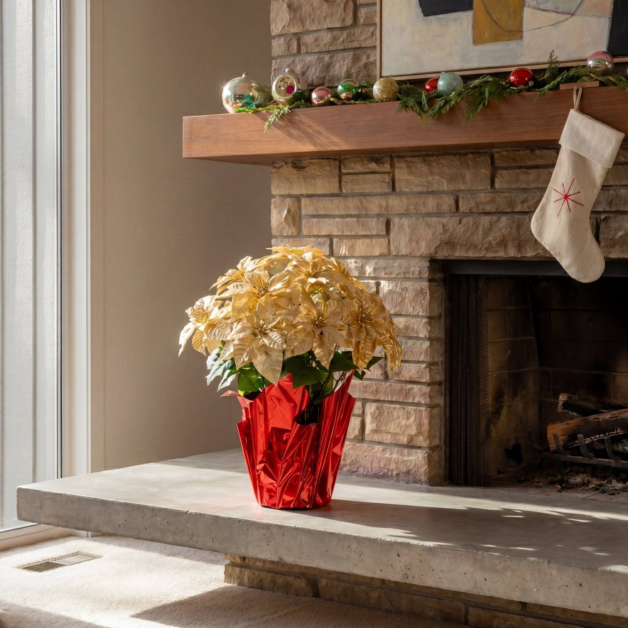 Nearly Natural 30" Artificial Grand Velvet Poinsettia in Red Wrapped Planter