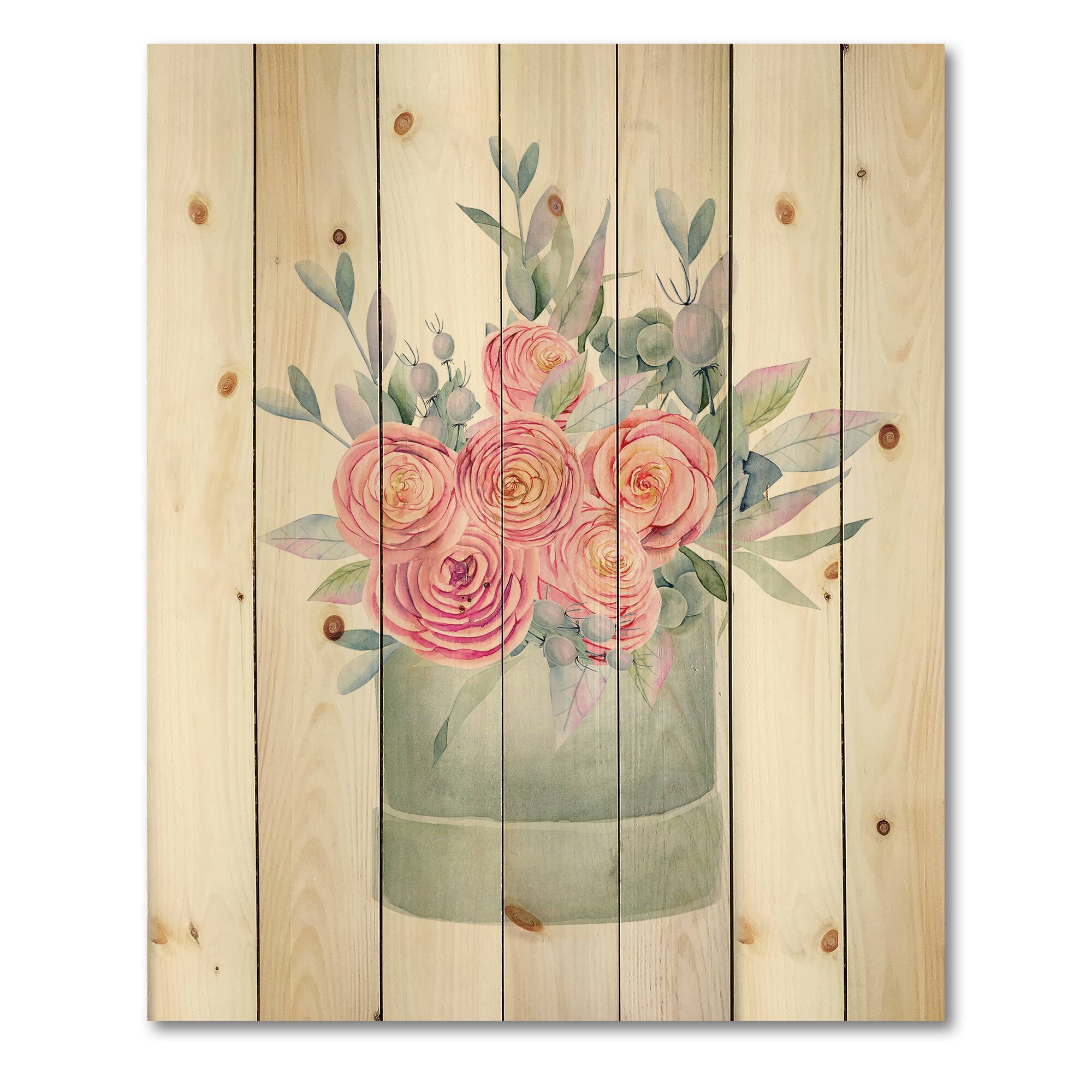 Designart - Gift Box With Pink Roses - Farmhouse Print on Natural Pine Wood