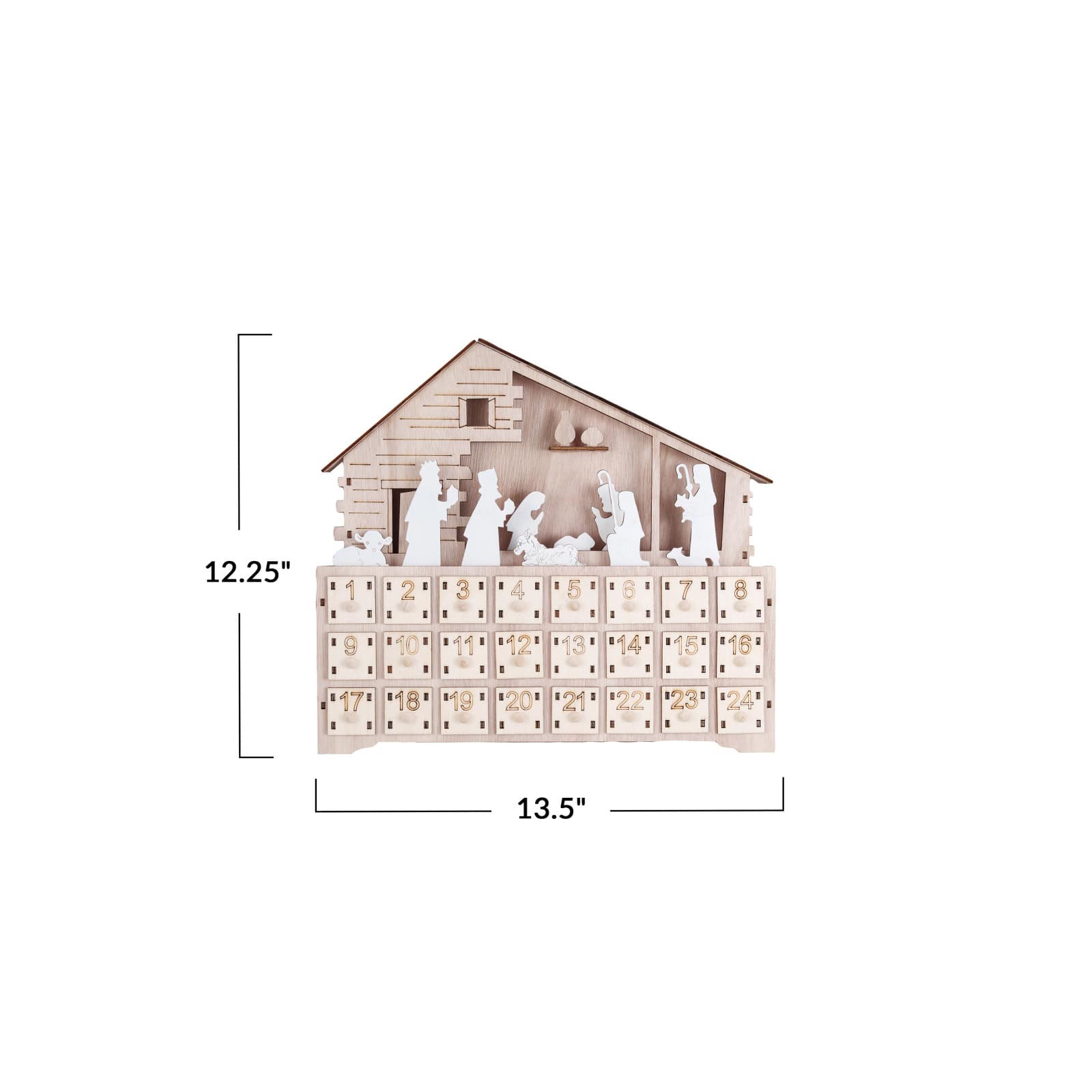 Hello Honey® 13.5" Wood Laser-Cut Nativity Advent Calendar with LED Light & Drawers