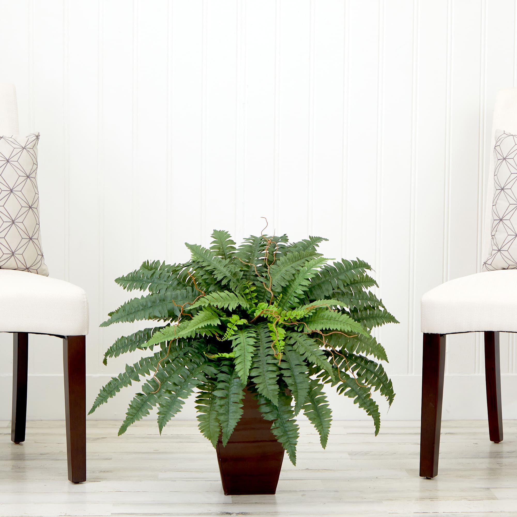 23" Artificial Boston Fern Plant with Tapered Bronze Square Metal Planter