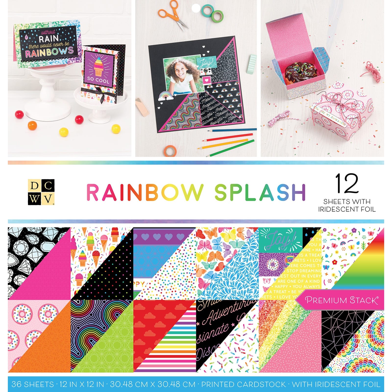 DCWV® 12" x 12" Rainbow Splash Double‑Sided Cardstock Stack with Foil, 36 Sheets