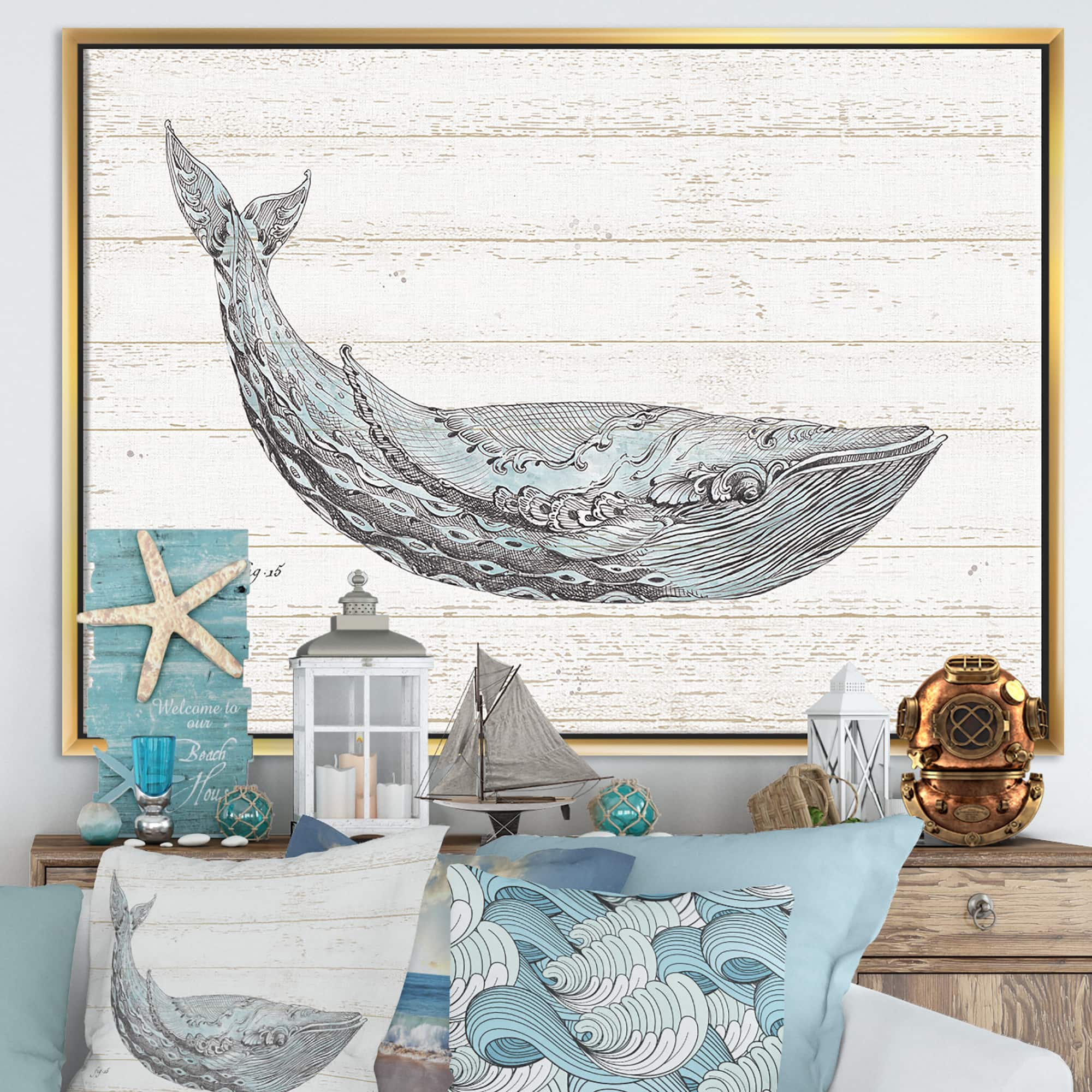 Designart - Blue Whale Handpainted Watercolor - Nautical & Coastal Canvas in Gold Frame