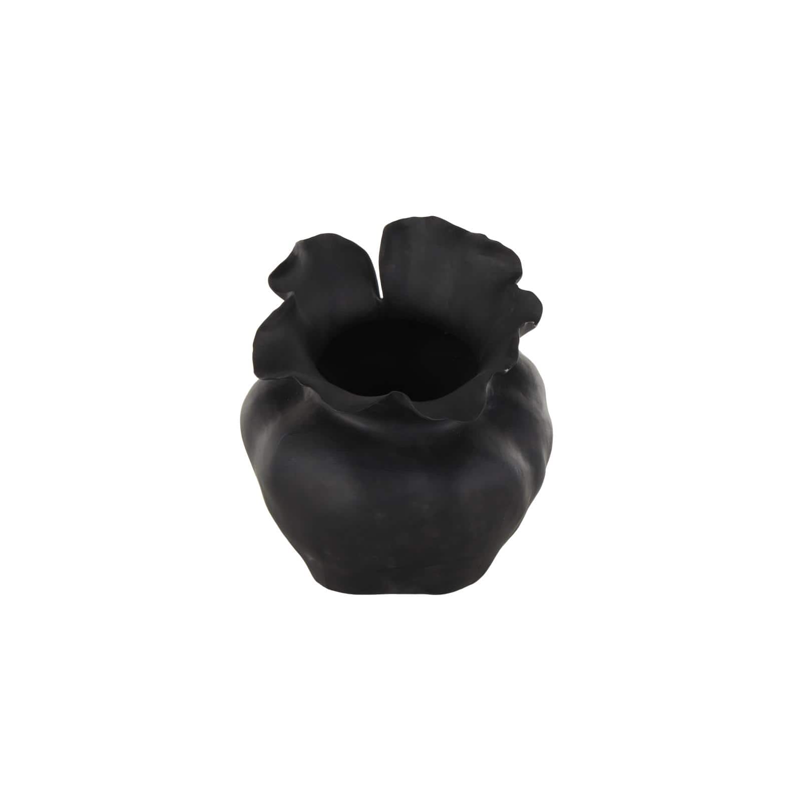 12.75" Black Ceramic Abstract Wide Rounded Floral Shaped Decorative Vase with Petal Rim
