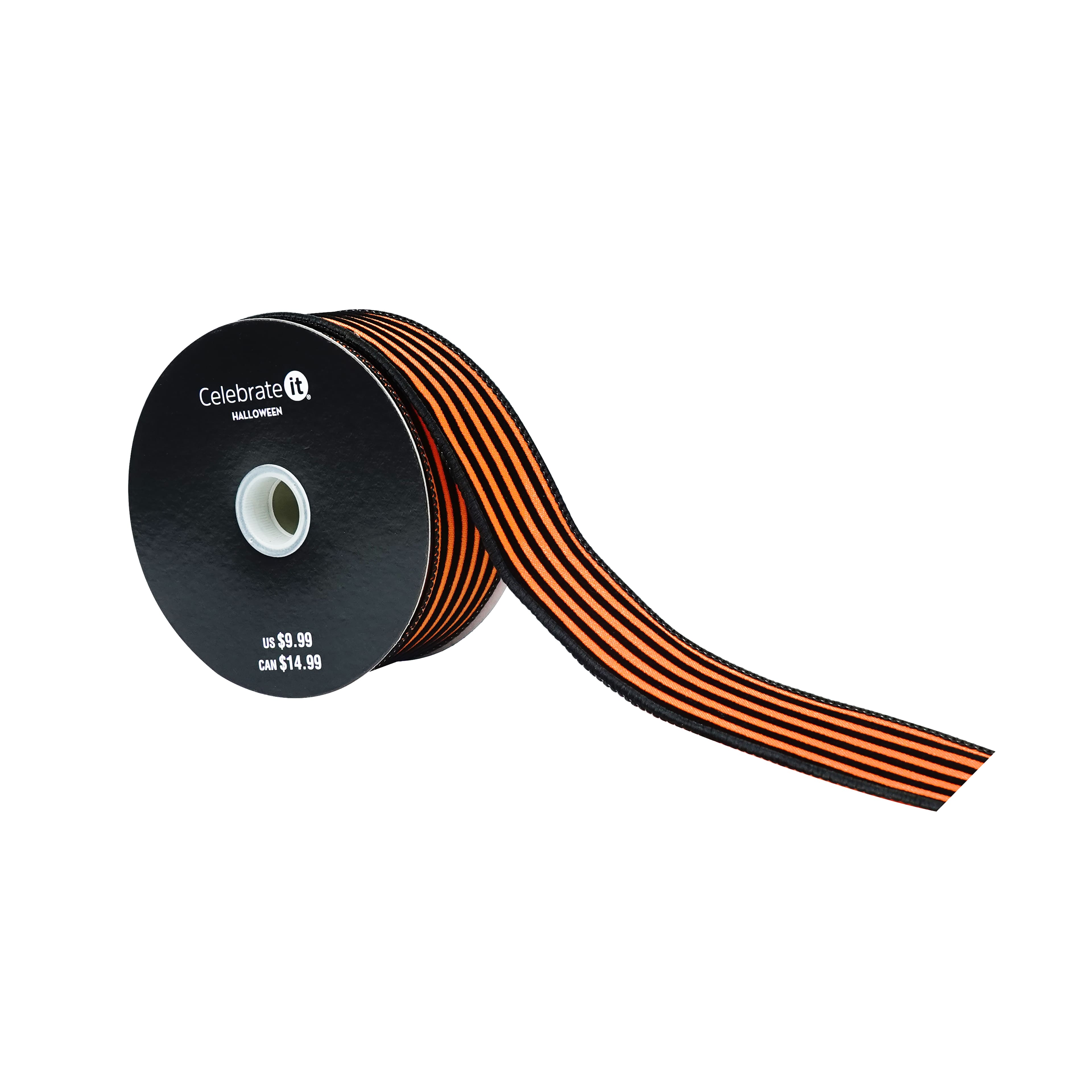 1.5" x 10yd. Orange & Black Flocked Stripes Wired Ribbon by Celebrate It®