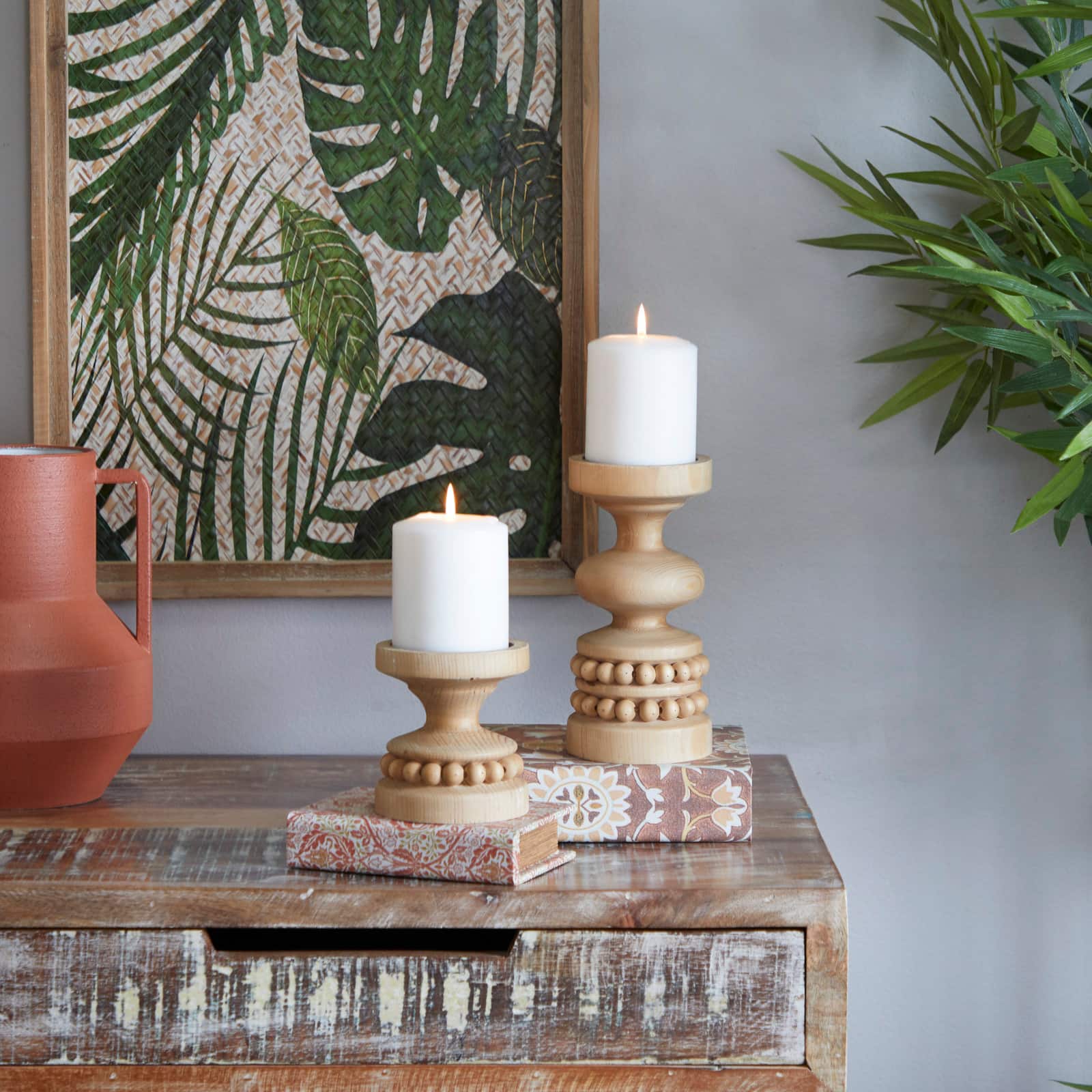 Wood Beaded Pillar Candle Holder Set