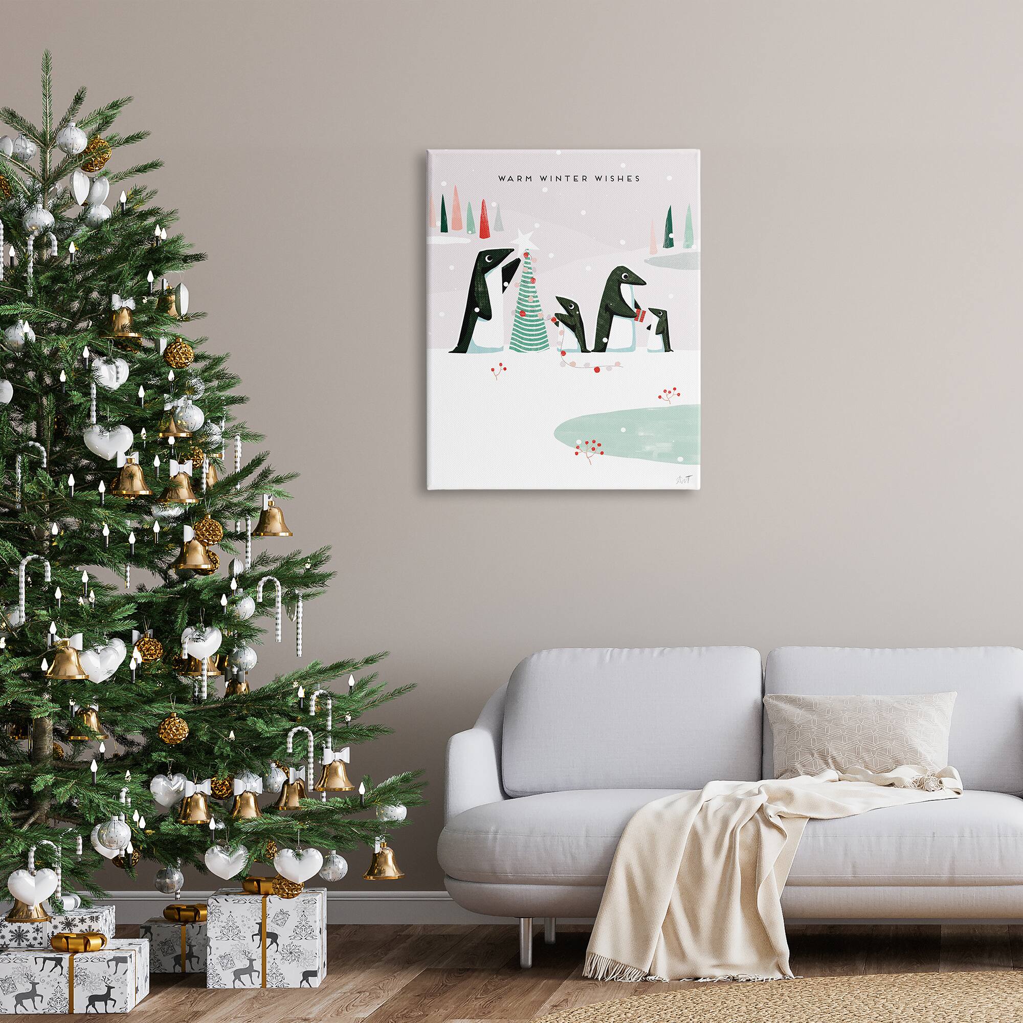 Stupell Industries Warm Winter Wishes Snowy Penguins Canvas Wall Art