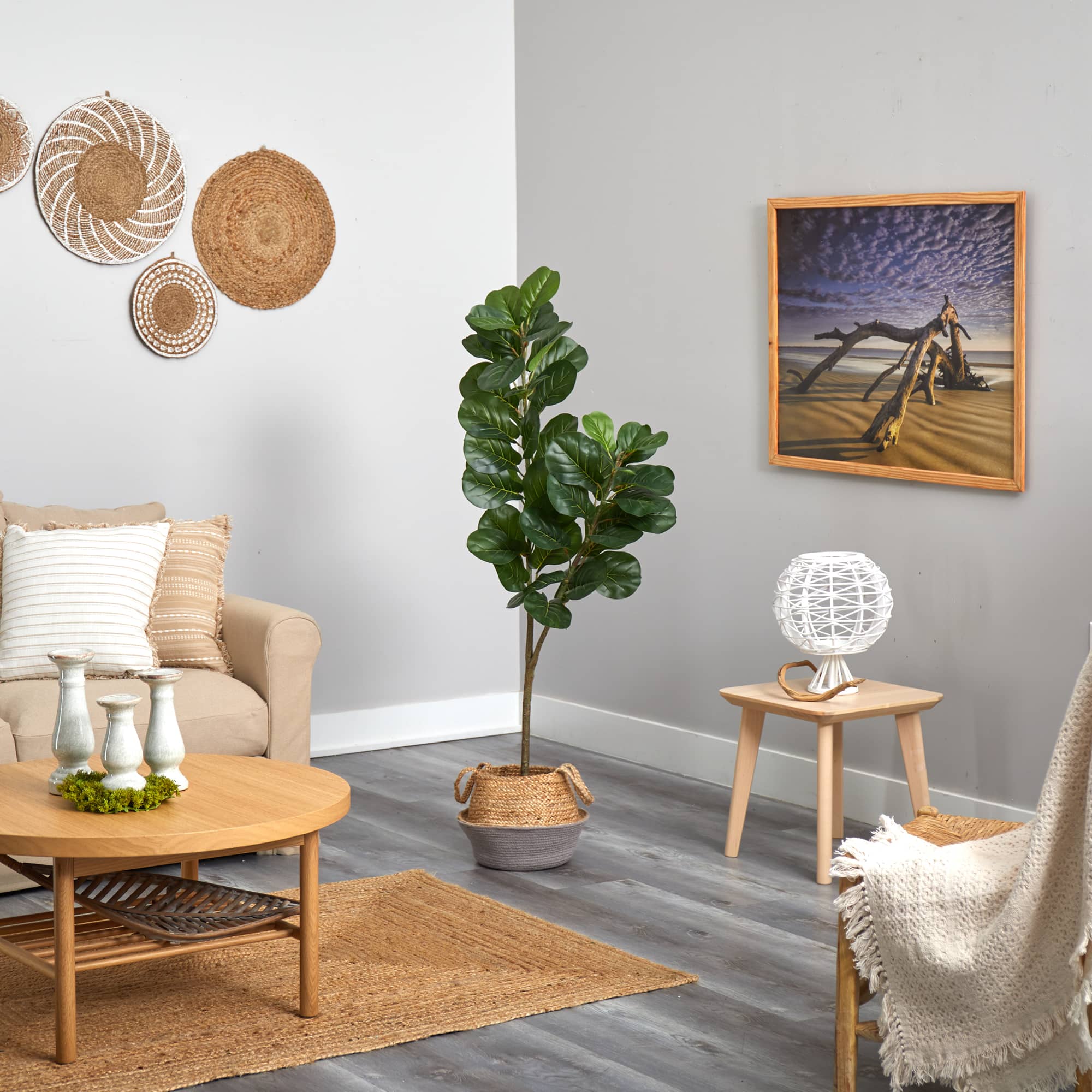 4.5ft. Fiddle Leaf Fig Artificial Tree with Boho Chic Handmade Cotton and Jute White Woven Planter
