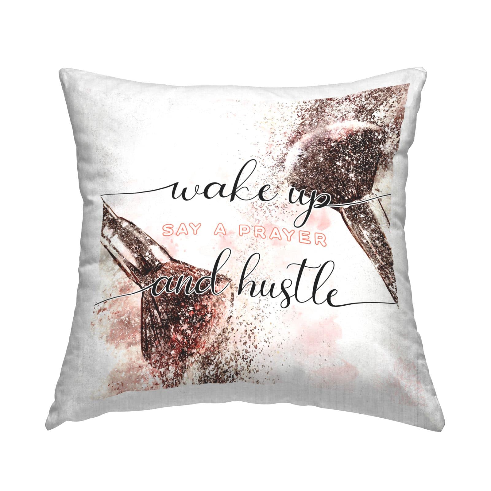 Stupell Industries Pray & Hustle Phrase Glam Cosmetic Brushes Throw Pillow, 18" x 18"