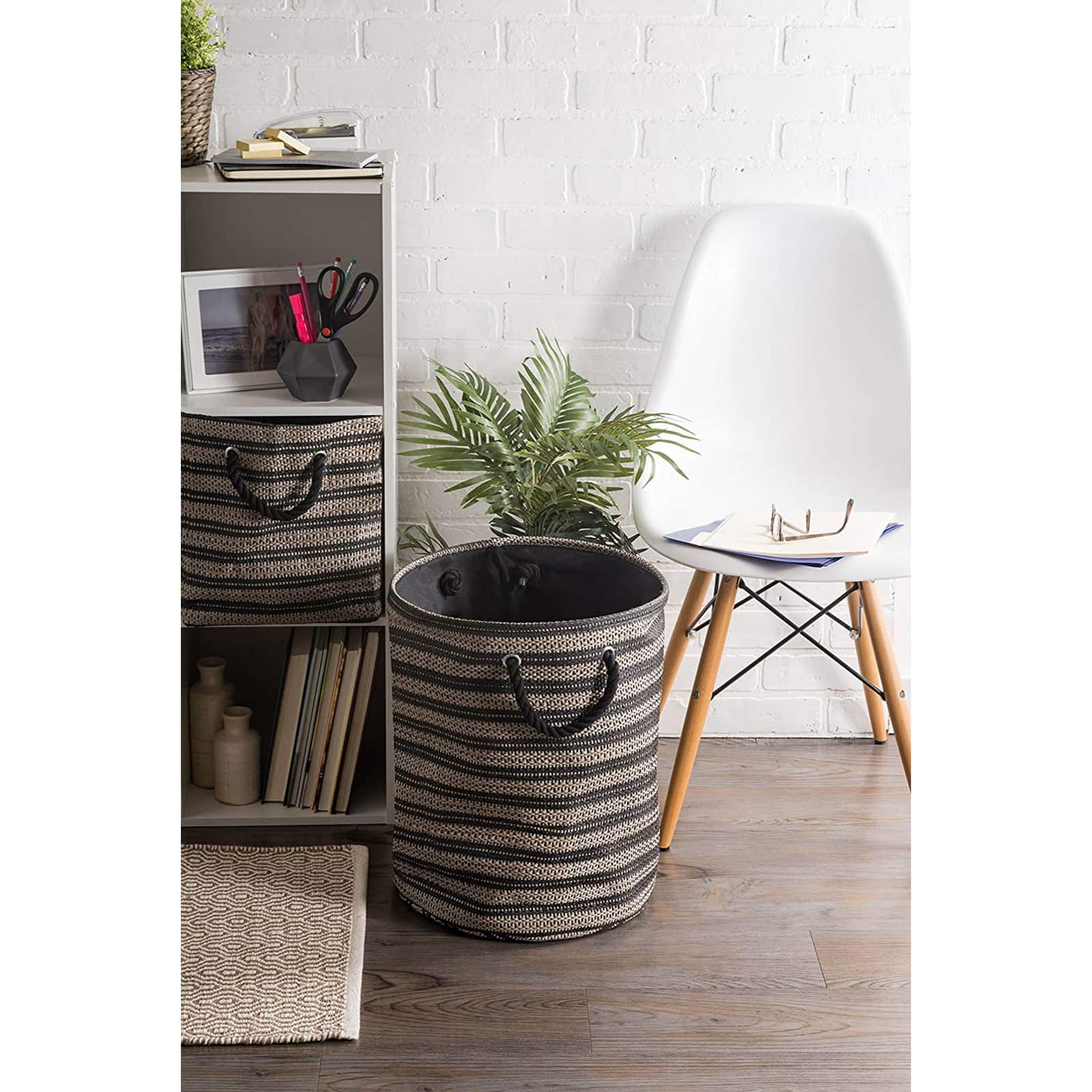 DII® Large Black & Stone Striped Weave Round Paper Storage Basket
