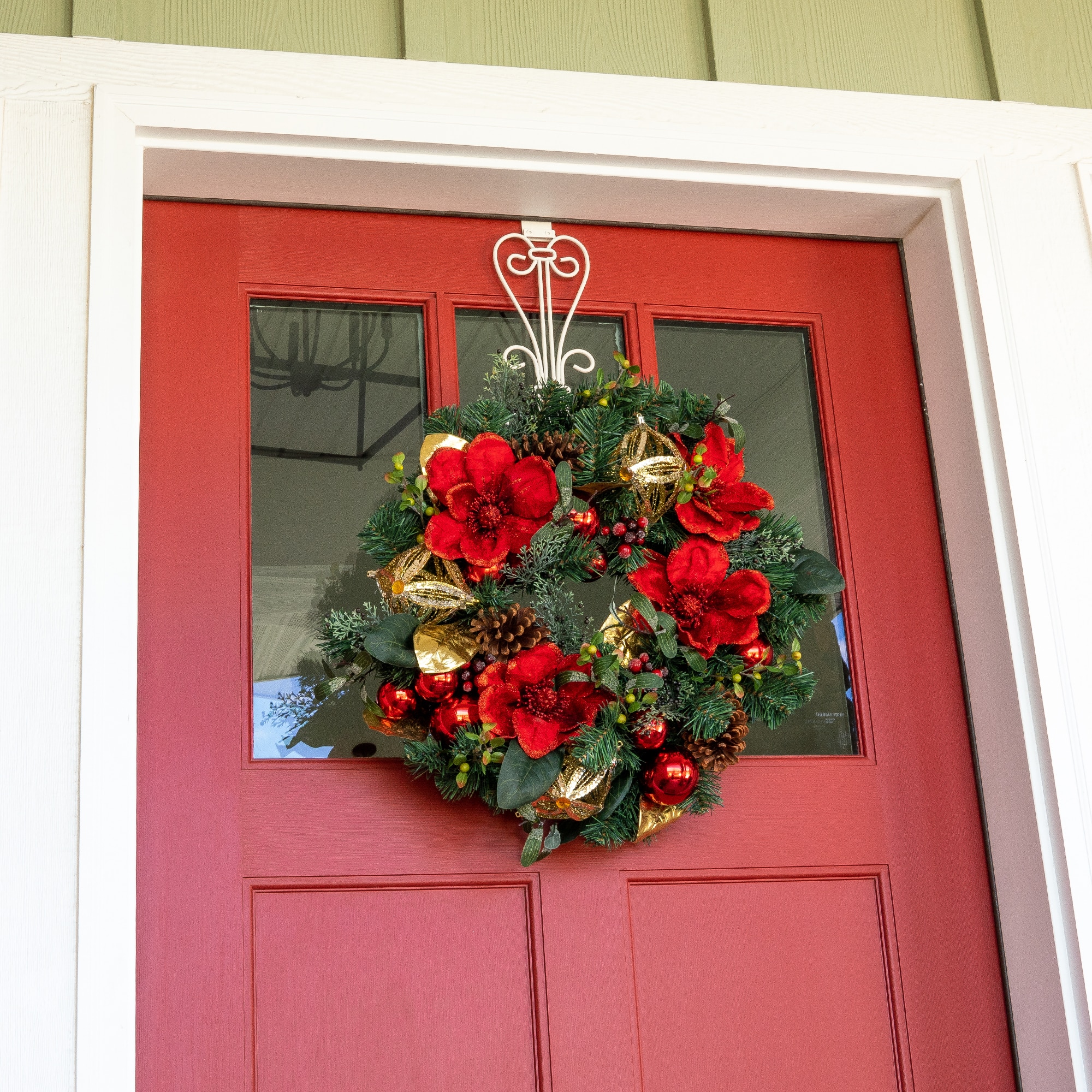 Village Lighting 24" Pre-Lit Red Magnolia Christmas Wreath, Clear LED Lights