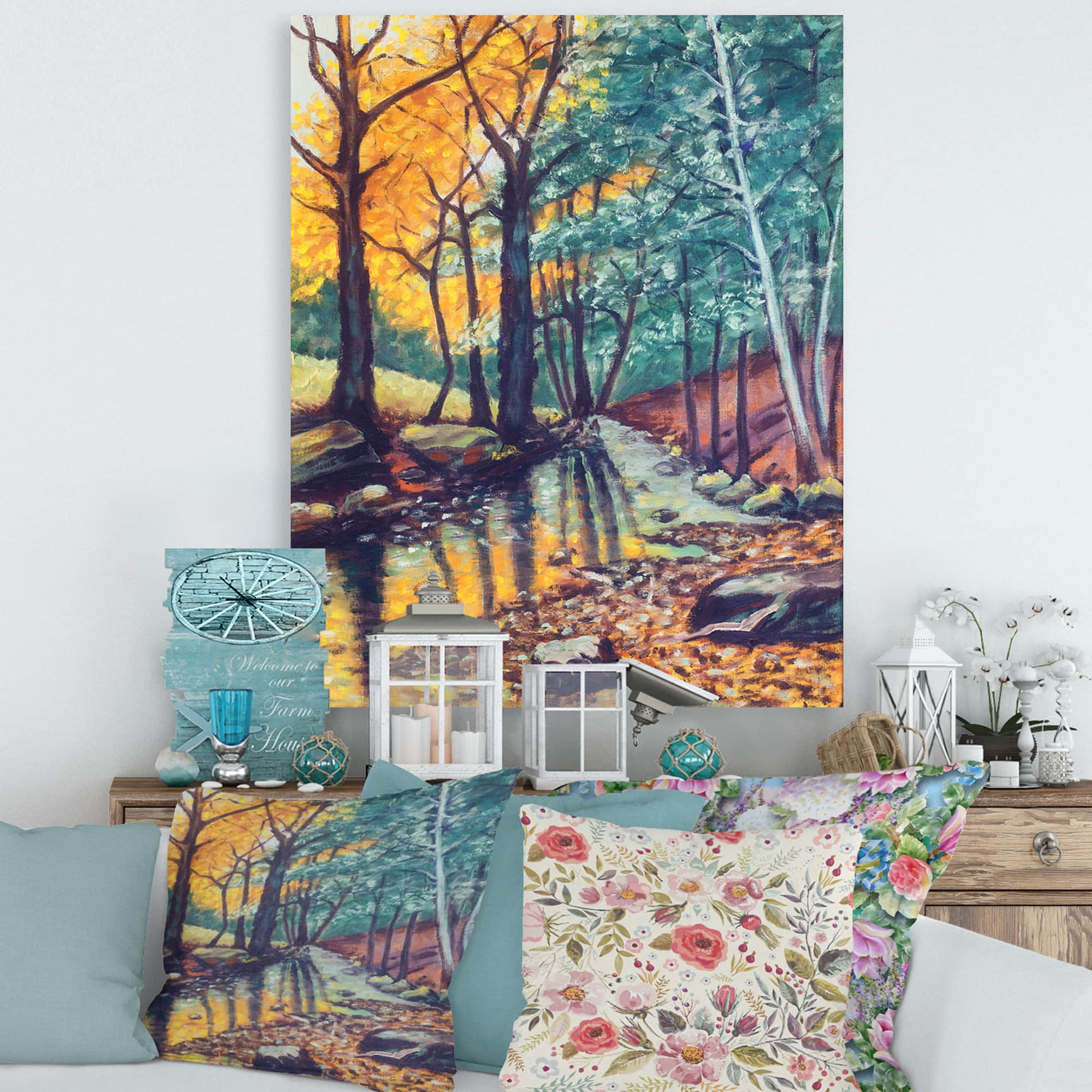 Designart - Landscape With River In Autumn Forest Sunset - Traditional Canvas Wall Art Print