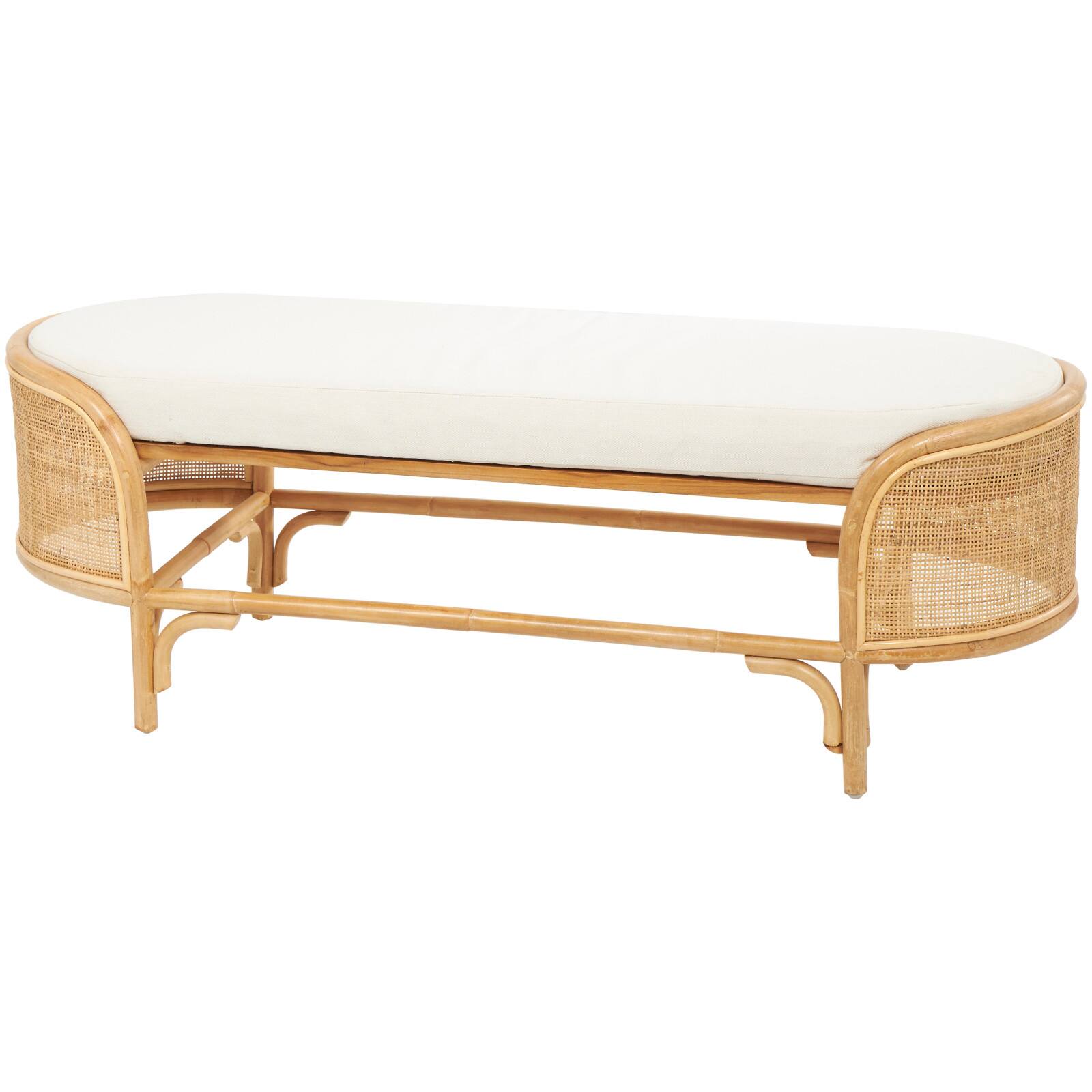 49" Brown Rattan Handmade Oval Bench with White Fabric Cushion